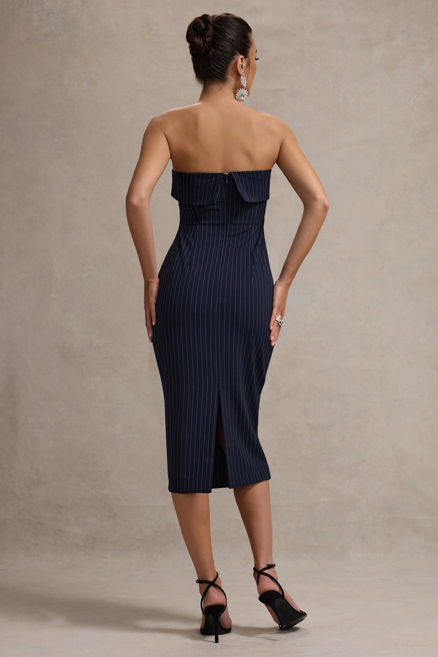 Highway | Navy Pinstripe Strapless Midi Dress