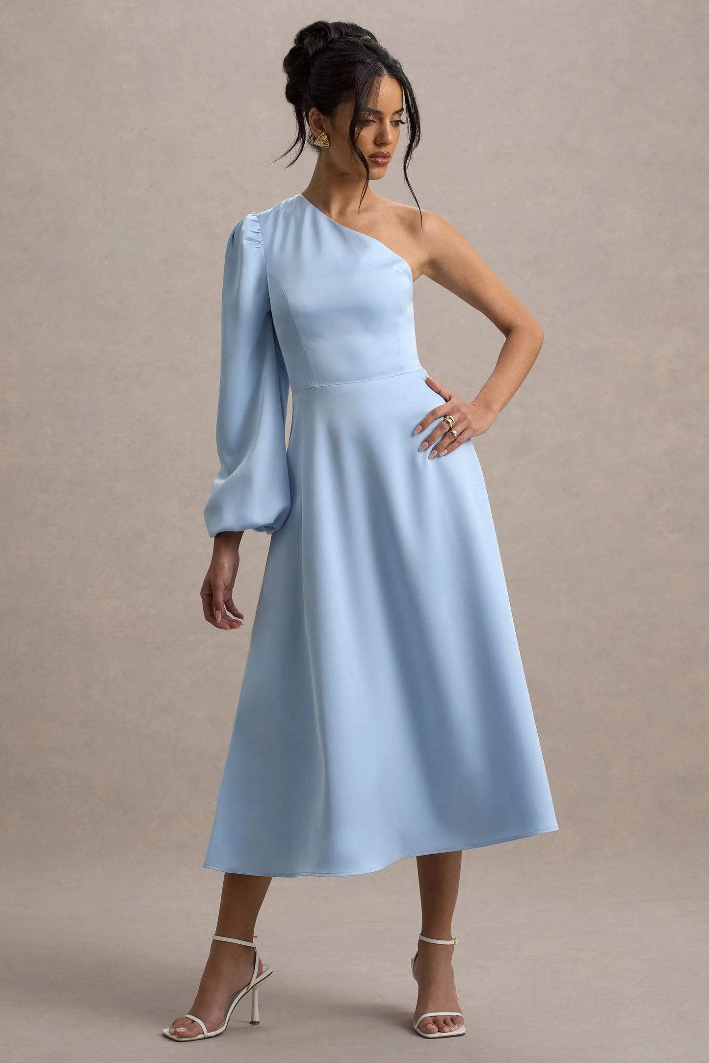 Haila | Powder Blue Satin One-Shoulder Maxi Dress