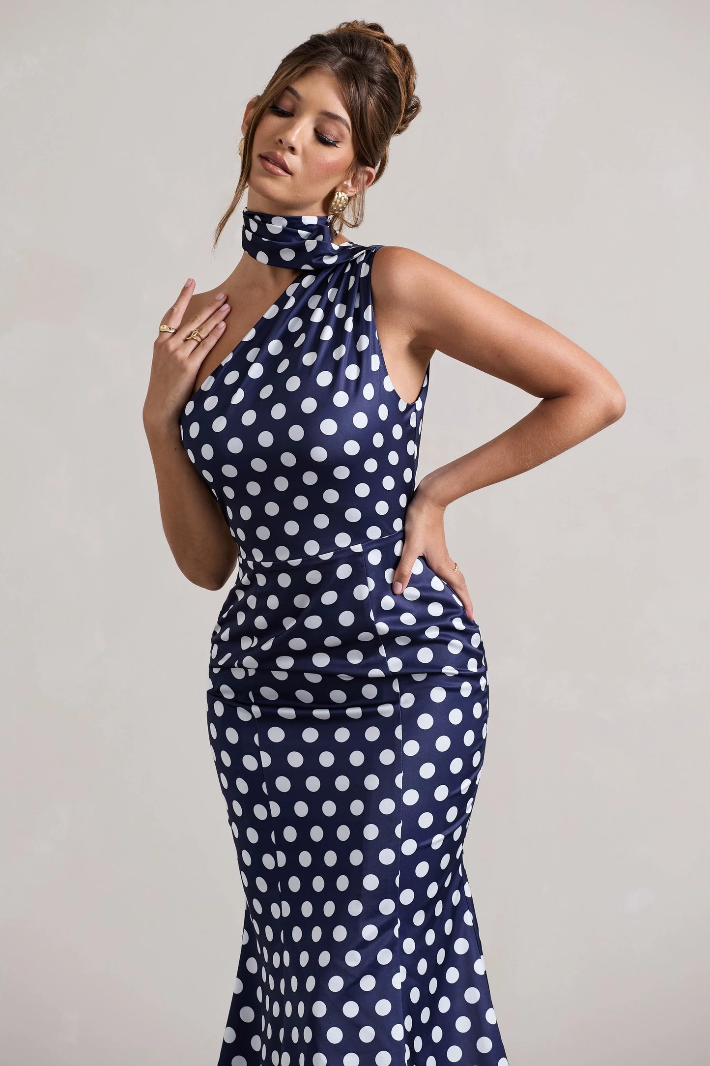 Golden Girl | Navy Polka Dot Asymmetric High-Neck Flared Midi Dress