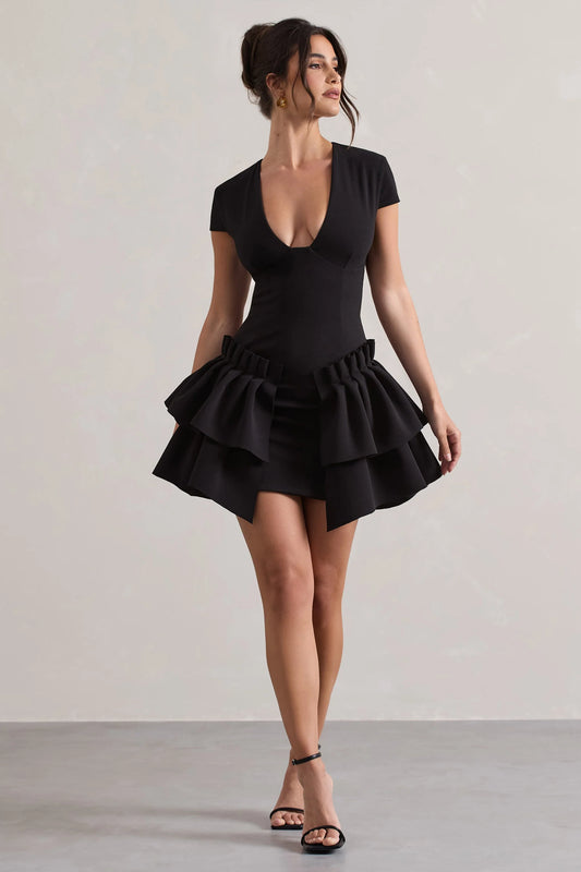 Genevieve | Black Plunge-Neck Mini Dress With Layered Hem