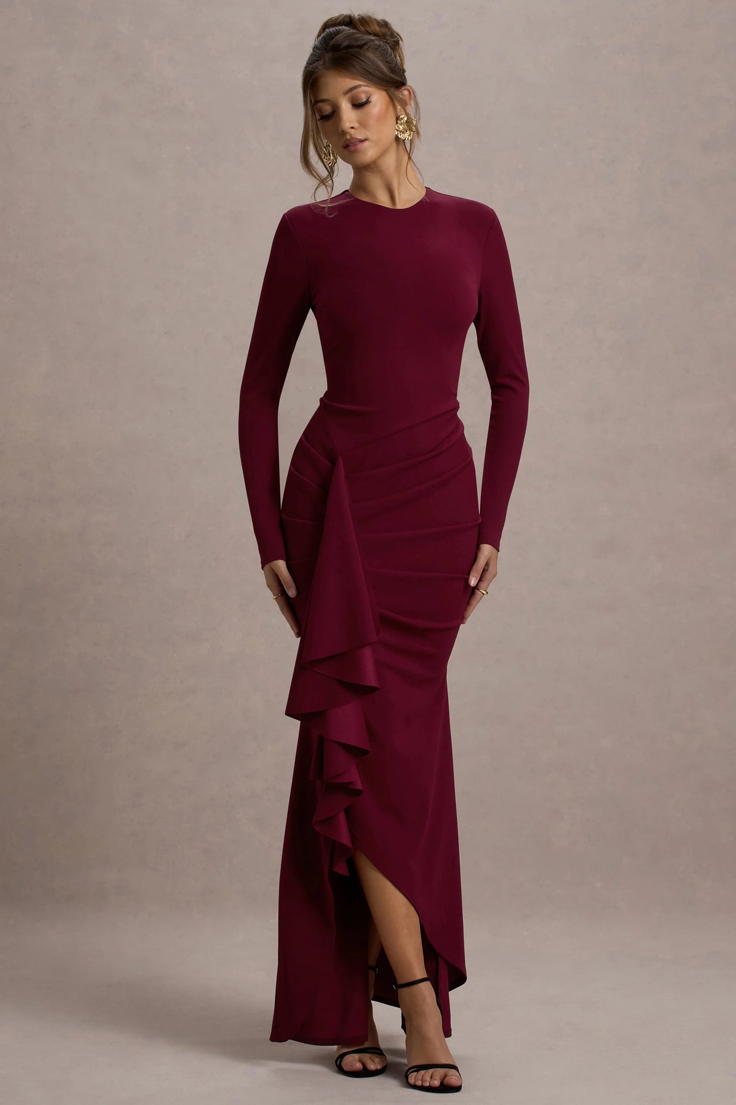 Alayna | Berry Long-Sleeve Maxi Dress With Ruffled Split