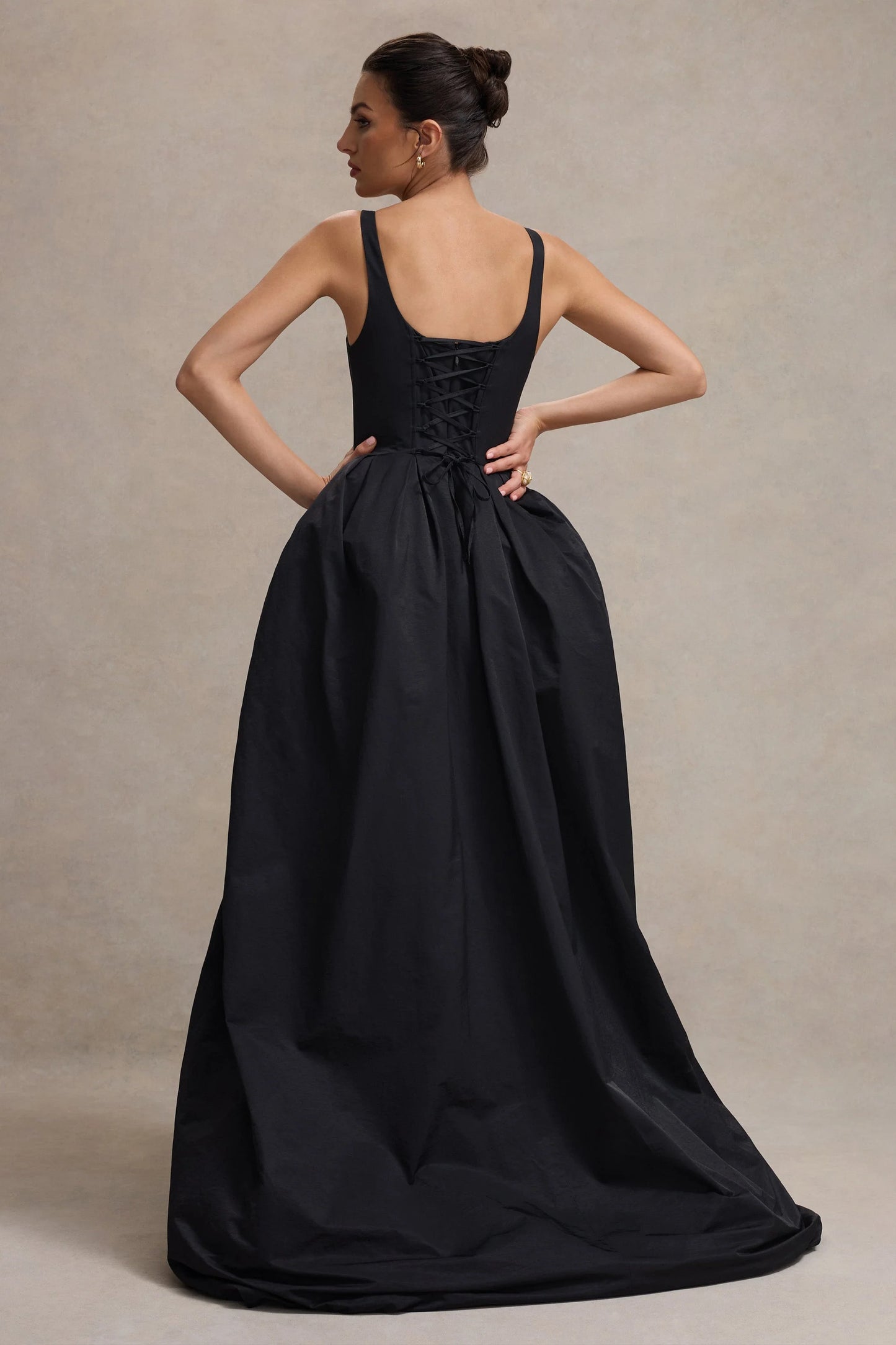 Infinite | Black Strappy Maxi Dress With Volume High-Low Skirt