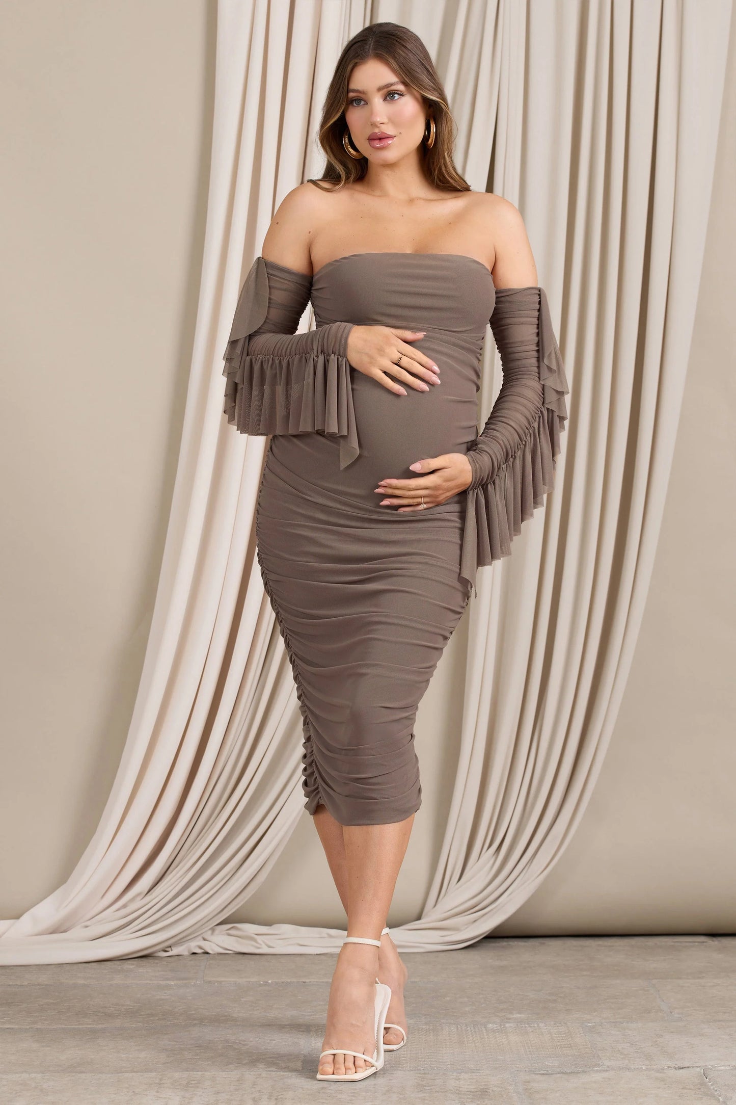 Aroma | Brown Ruched Mesh Maternity Midi Dress With Ruffled Sleeves