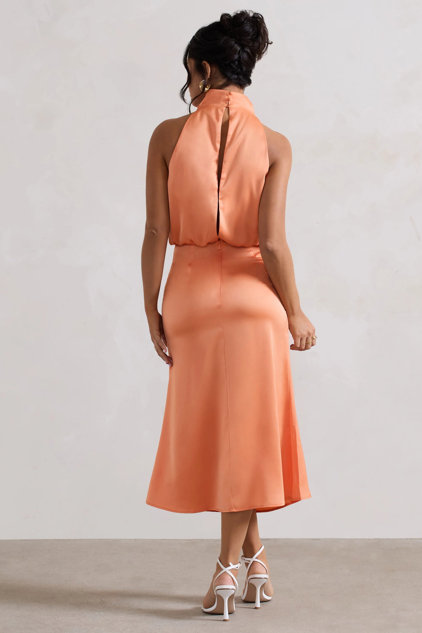 Geena | Peach Satin Twisted High-Neck Midi Dress