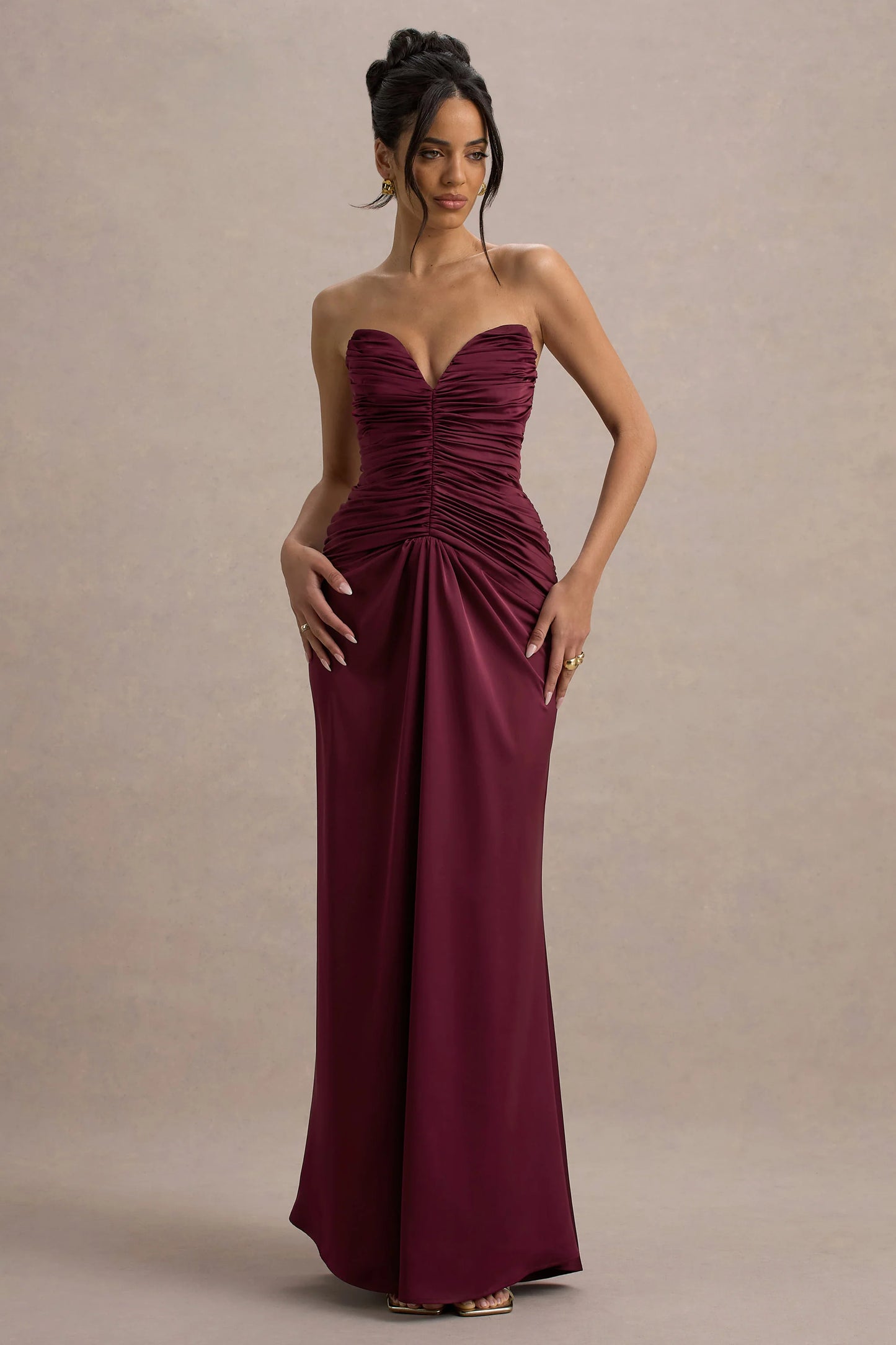 Desirie | Plum Satin Sweetheart Gathered Maxi Dress