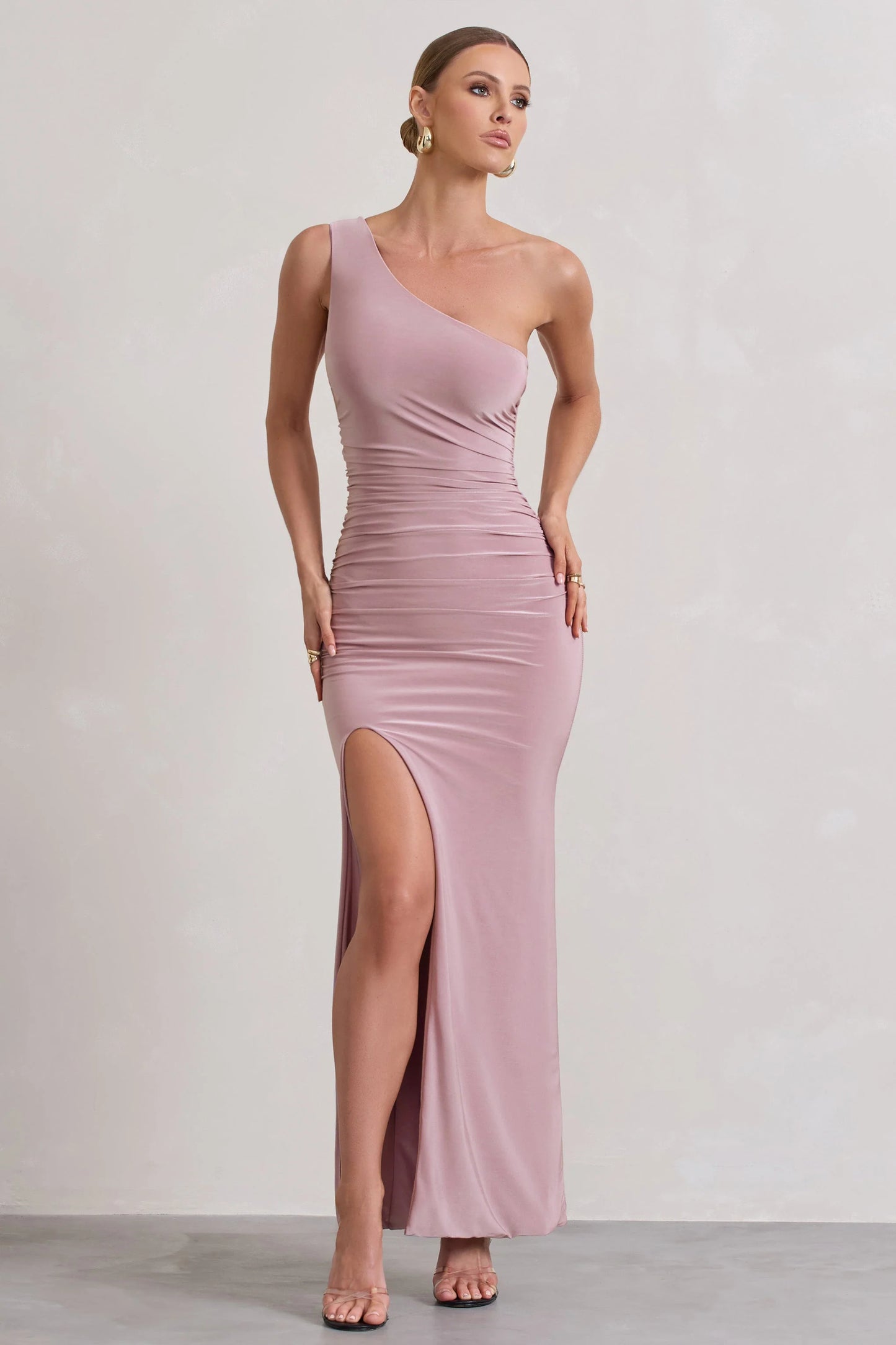 Ethereal | Dusky Lilac One Shoulder Ruched Split Maxi Dress