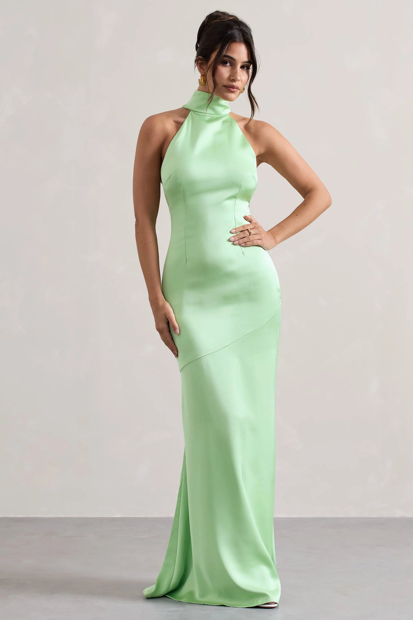 Adoria | Light Green Satin High-Neck Maxi Dress