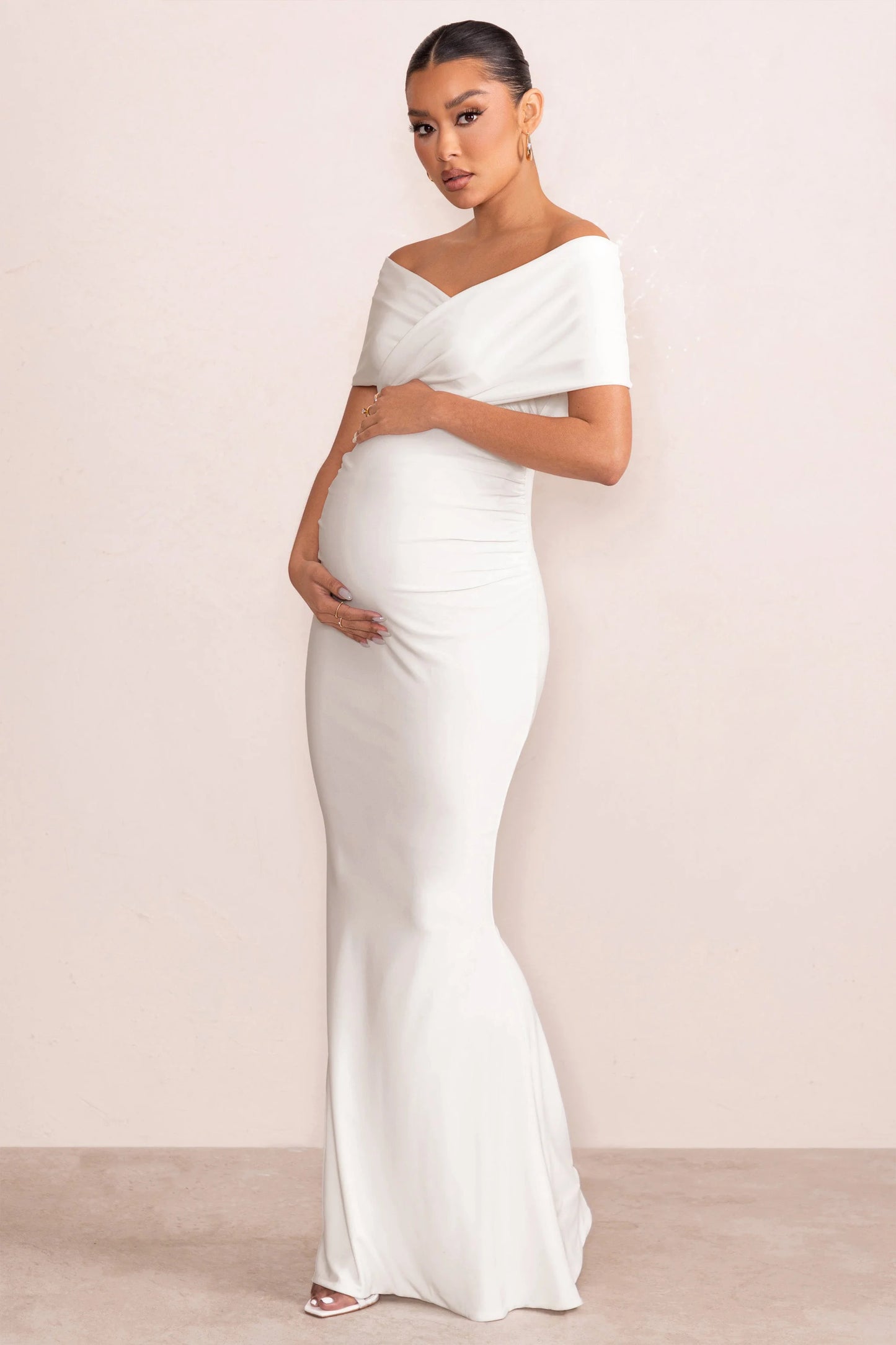 Amal | White Bardot Wrap Neckline Maternity Maxi Dress