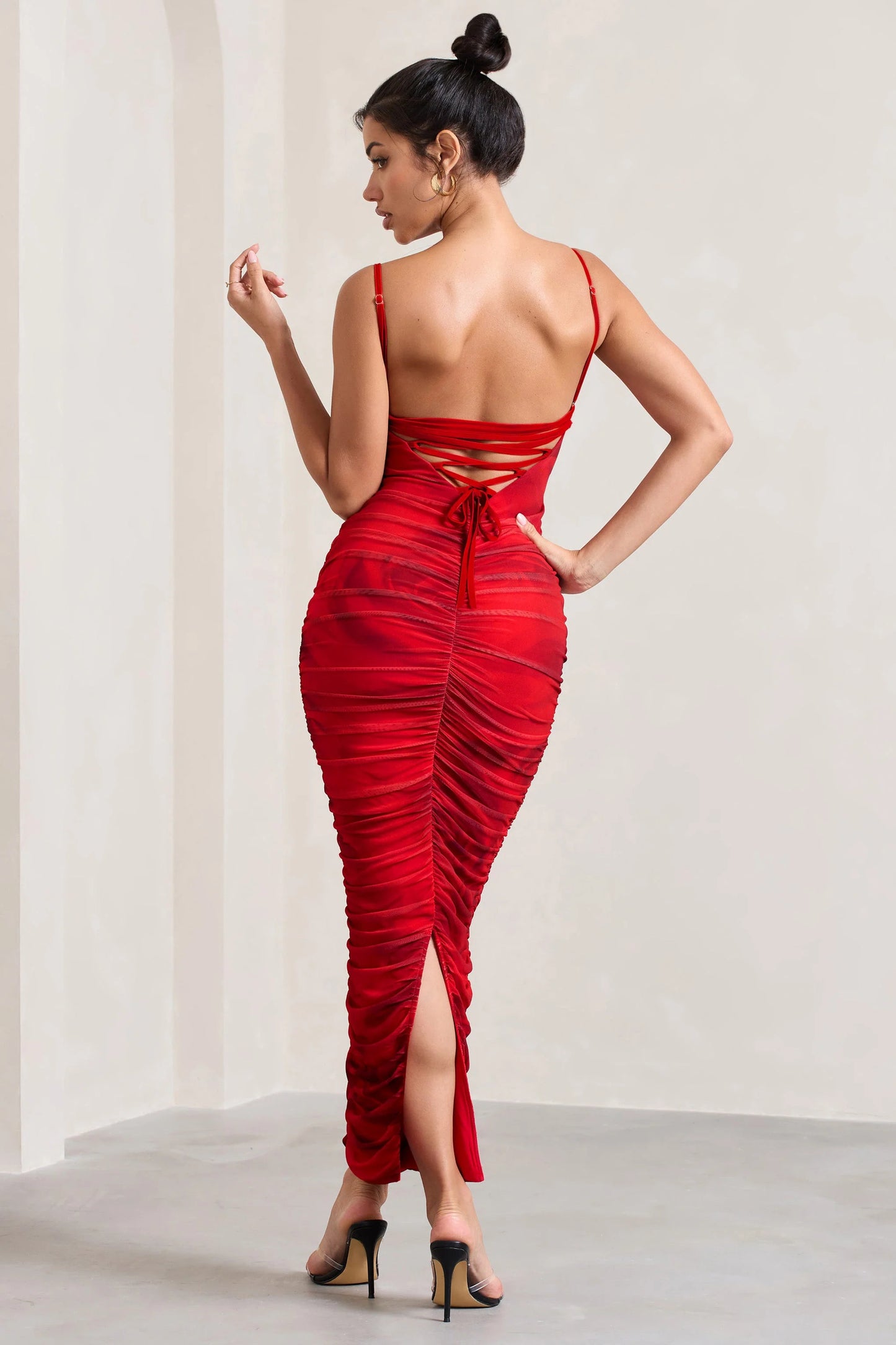 Ellis | Red Rose Printed Ruched Mesh Strappy Bodycon Maxi Dress