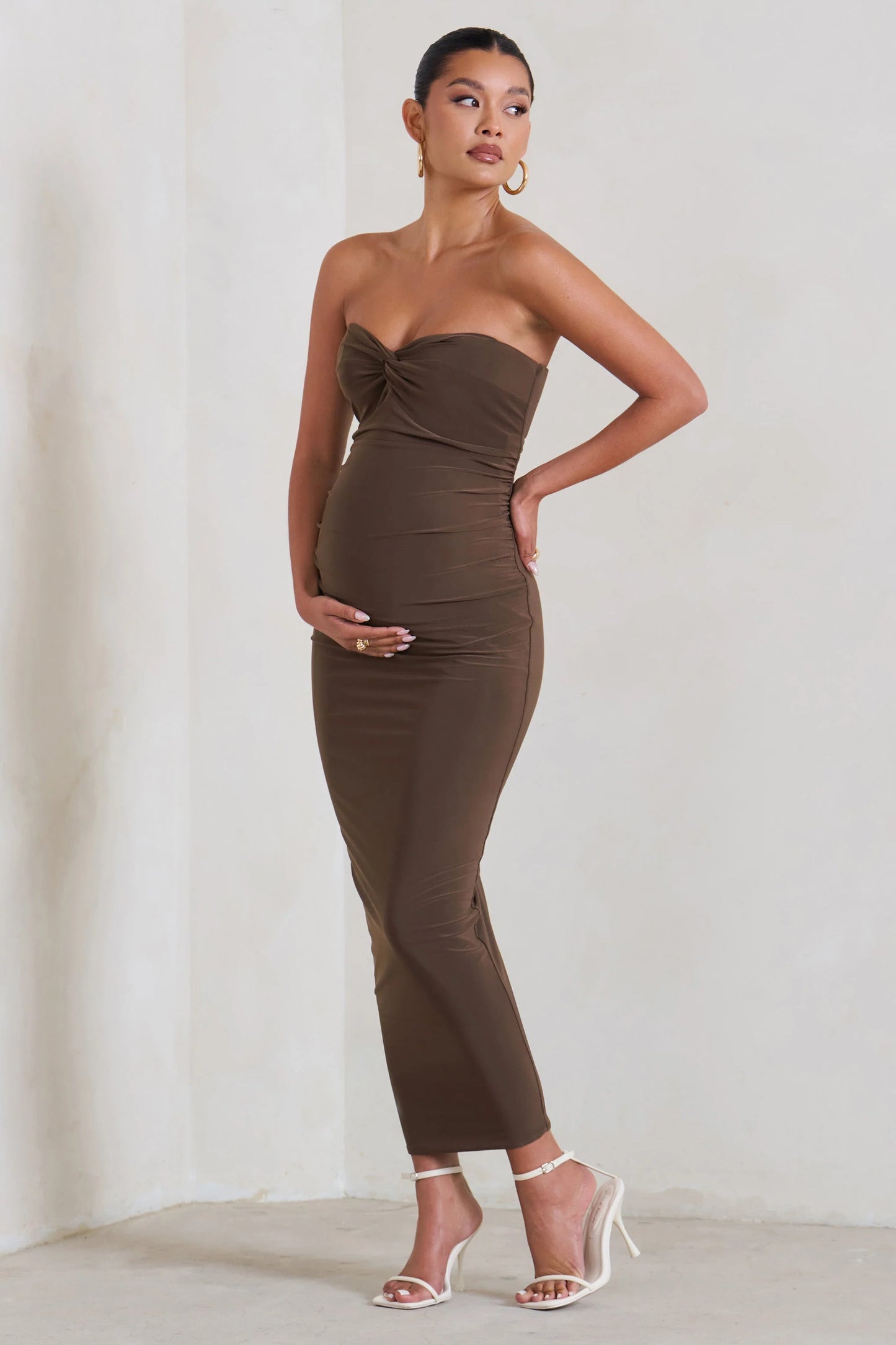 Evita | Brown Maternity Sweetheart Twist Detail Midi Dress