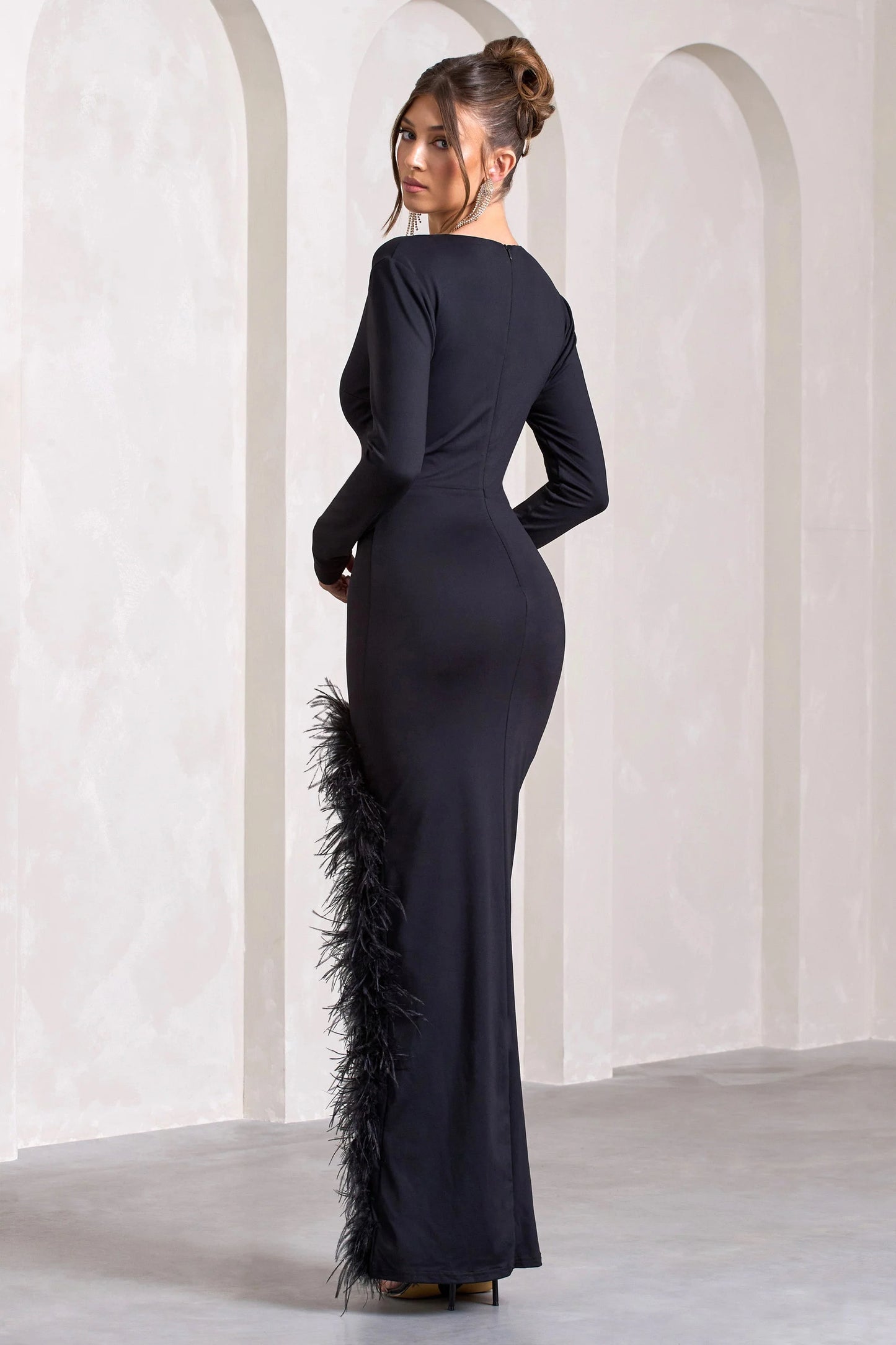 Finale | Black Feather Plunge Neck Thigh Split Maxi Dress