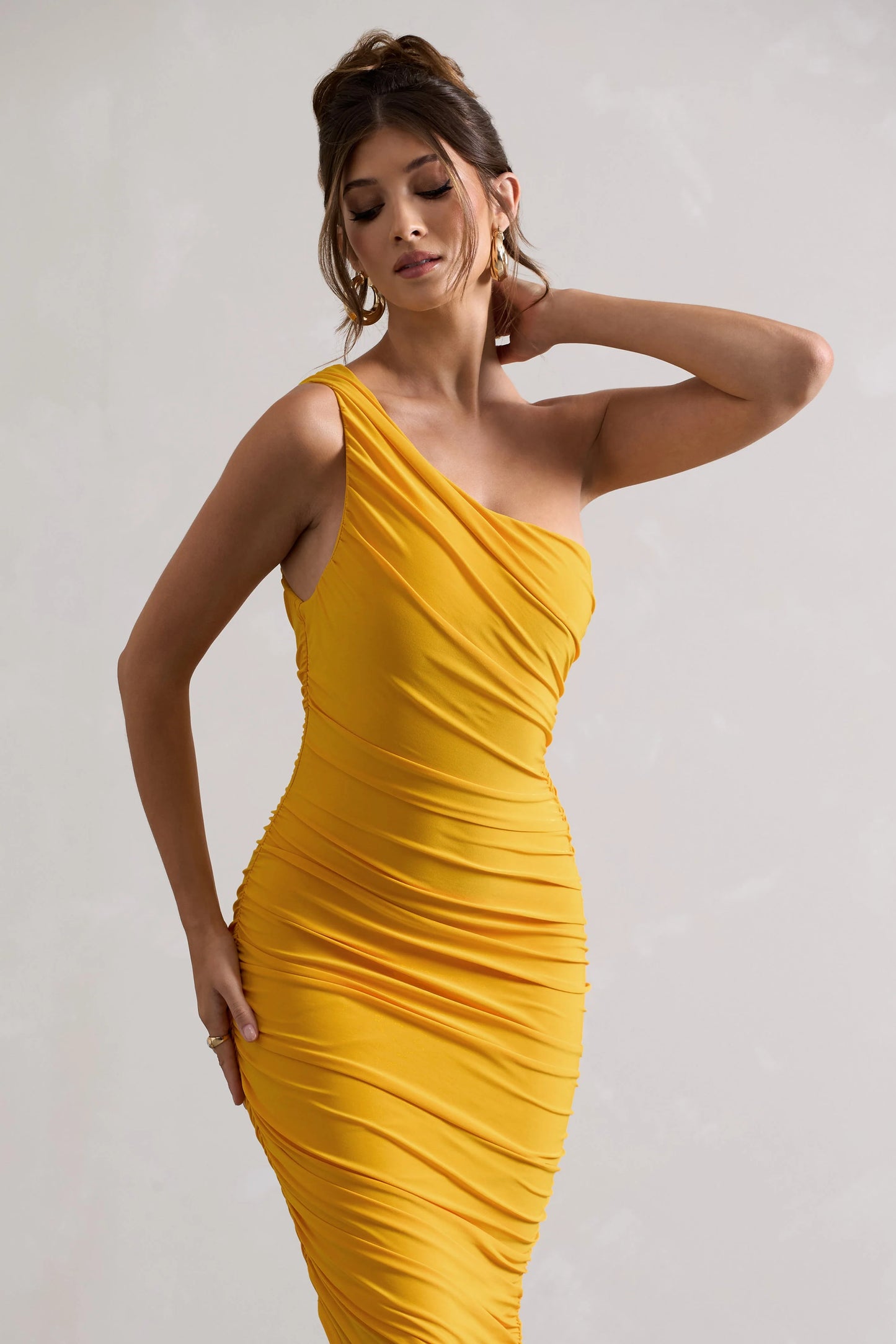 Dorit | Yellow One Shoulder Asymmetric Ruched Midi Dress