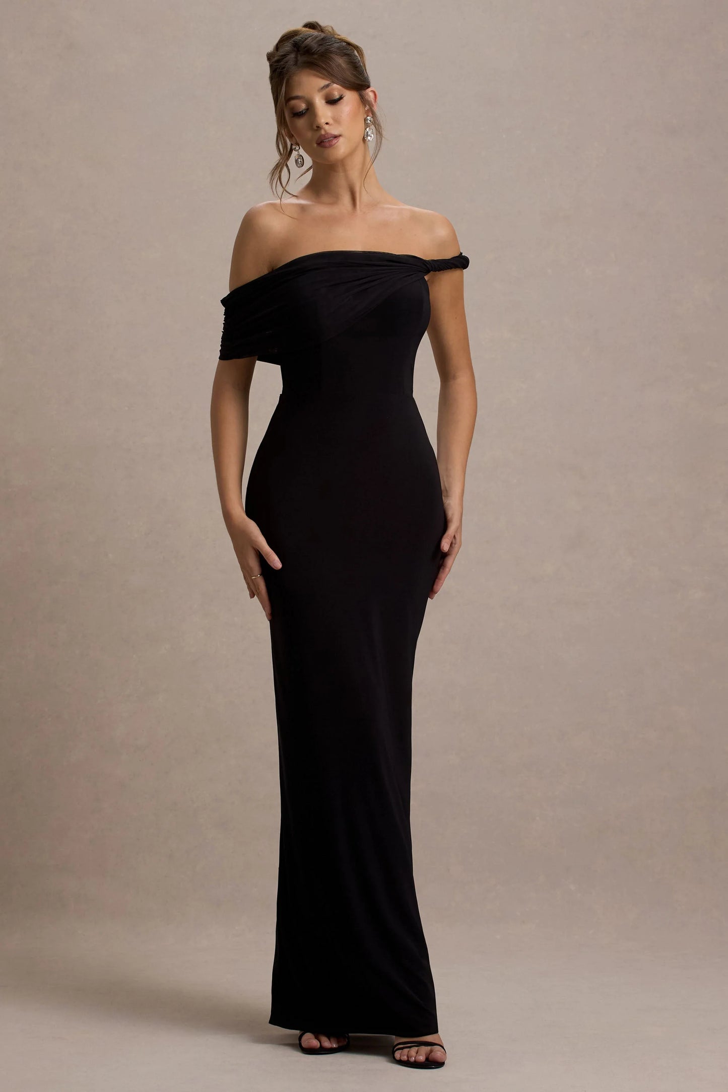 Alonza | Black Twisted Bardot Maxi Dress