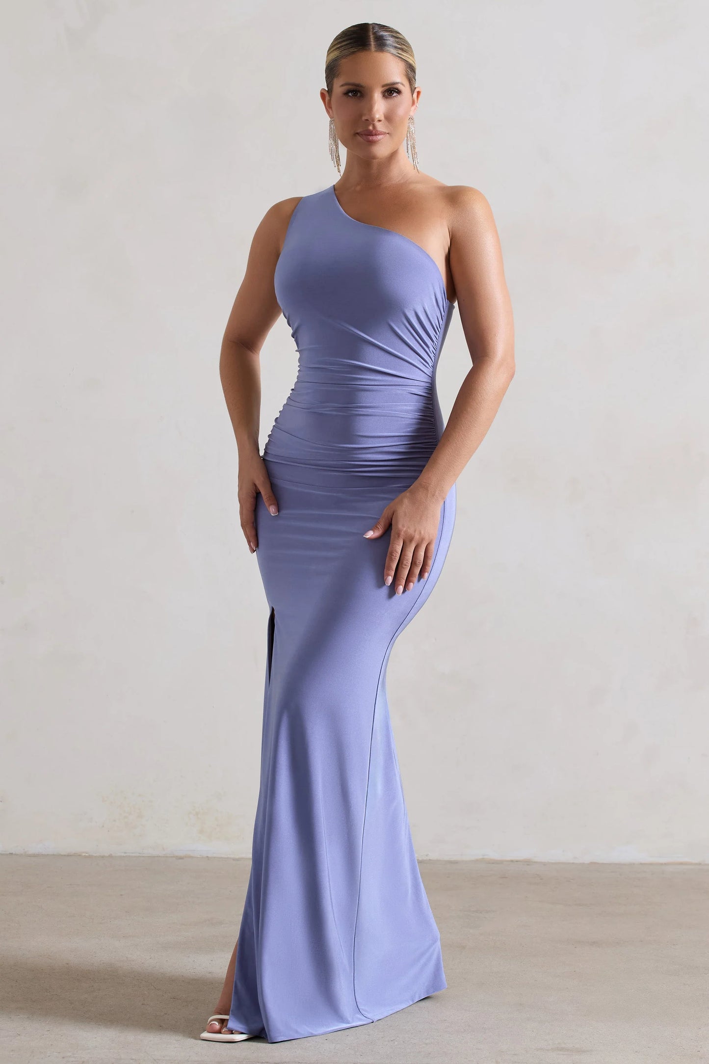 Ethereal | Blue One Shoulder Ruched Split Maxi Dress