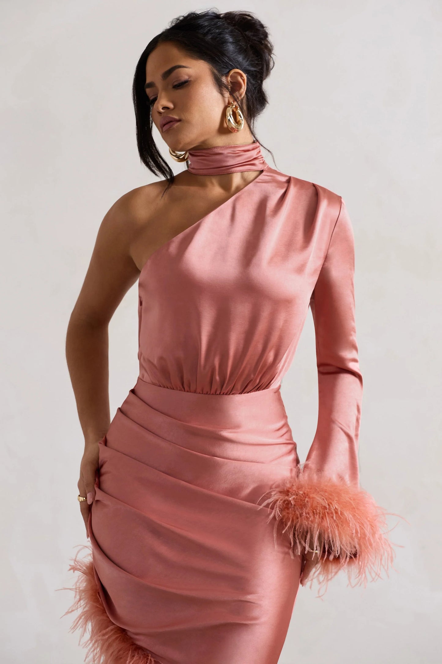 Dolce | Coral Satin Asymmetric One Sleeve Maxi Dress With Feather Trims