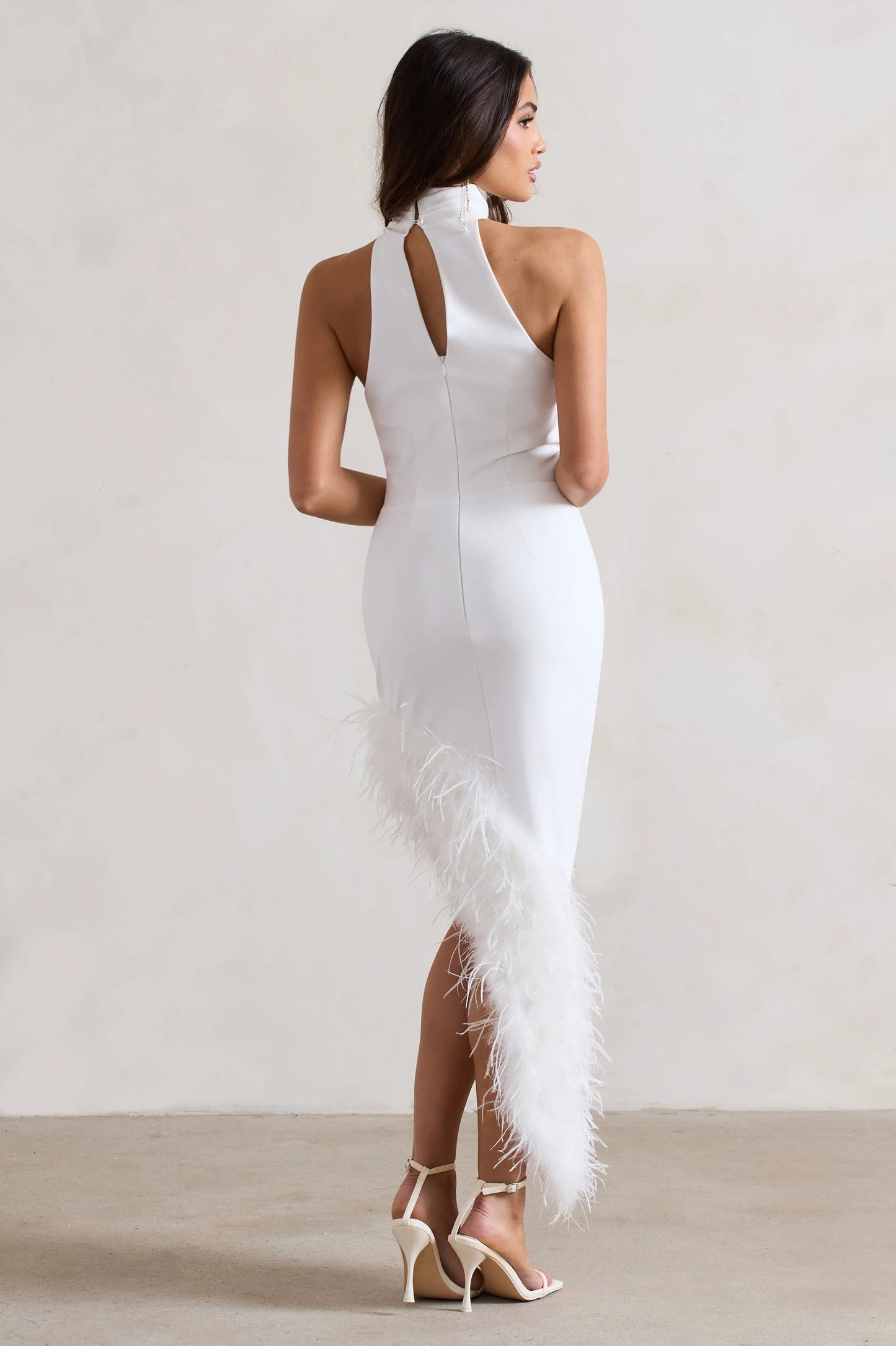 Brilliance | White Asymmetric Maxi Dress With Feather Trim