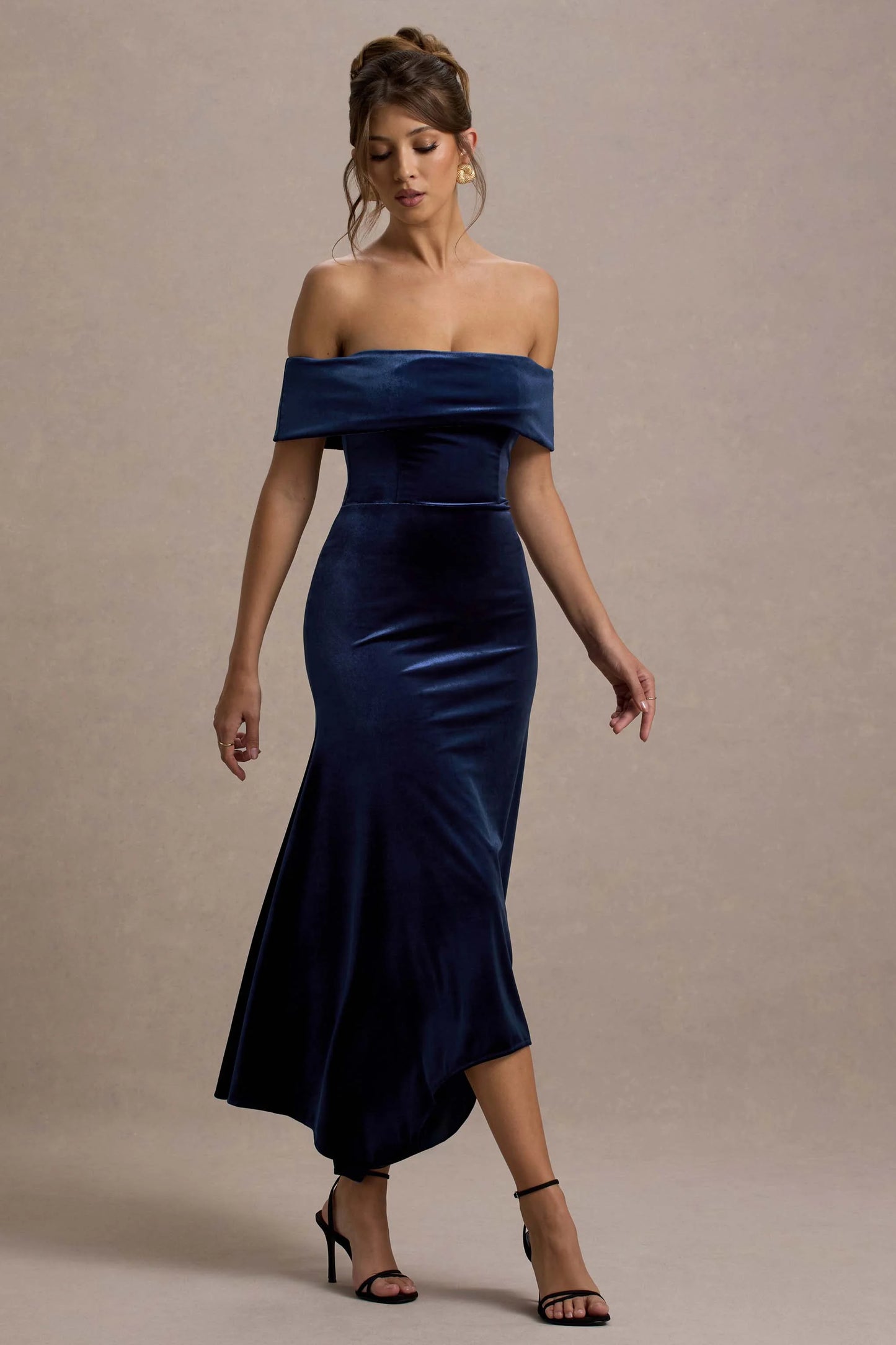 Halia | Navy Velvet Bardot Midi Dress