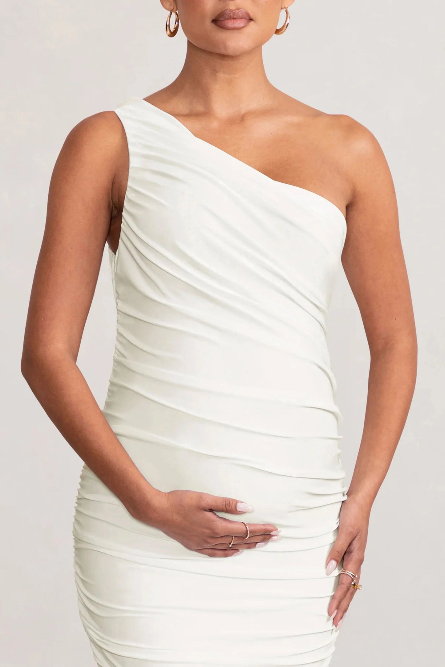 Late Night | White Maternity Ruched One Shoulder Midi Dress