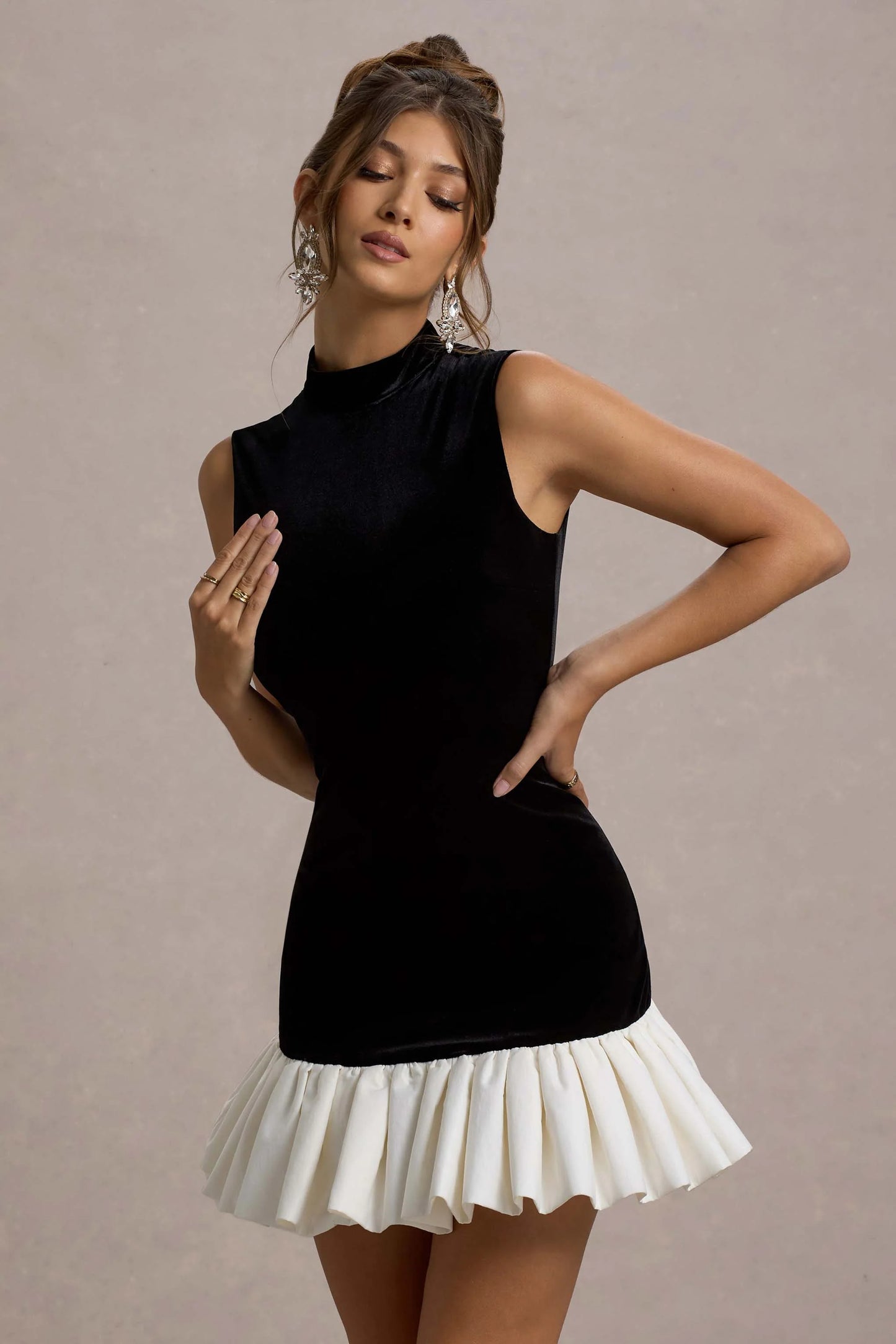 Baxter | Black & White Velvet Mini Dress With Satin Ruffle Trim