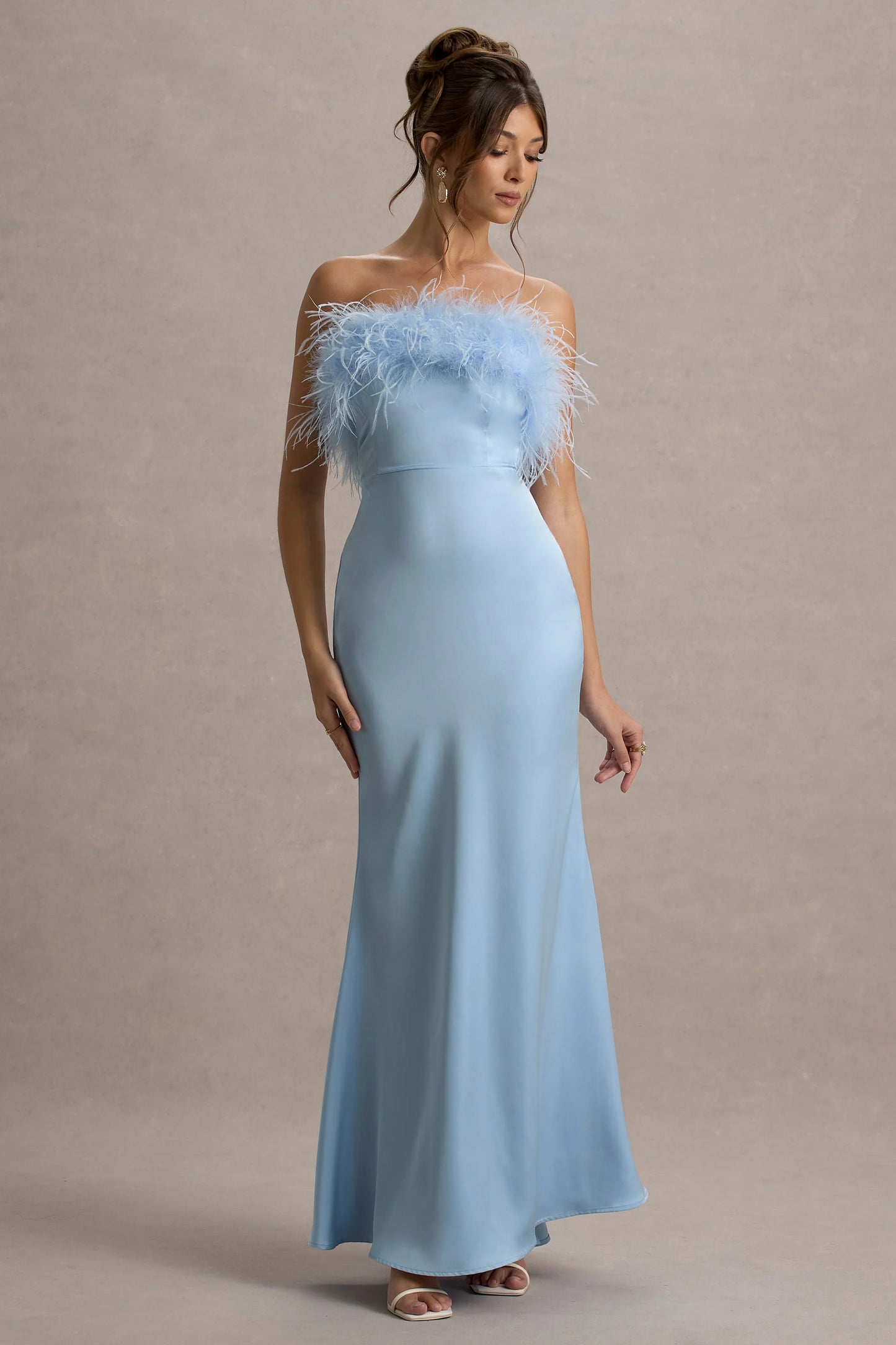 Dress For It | Powder Blue Satin Feather Trim Bandeau Maxi Dress