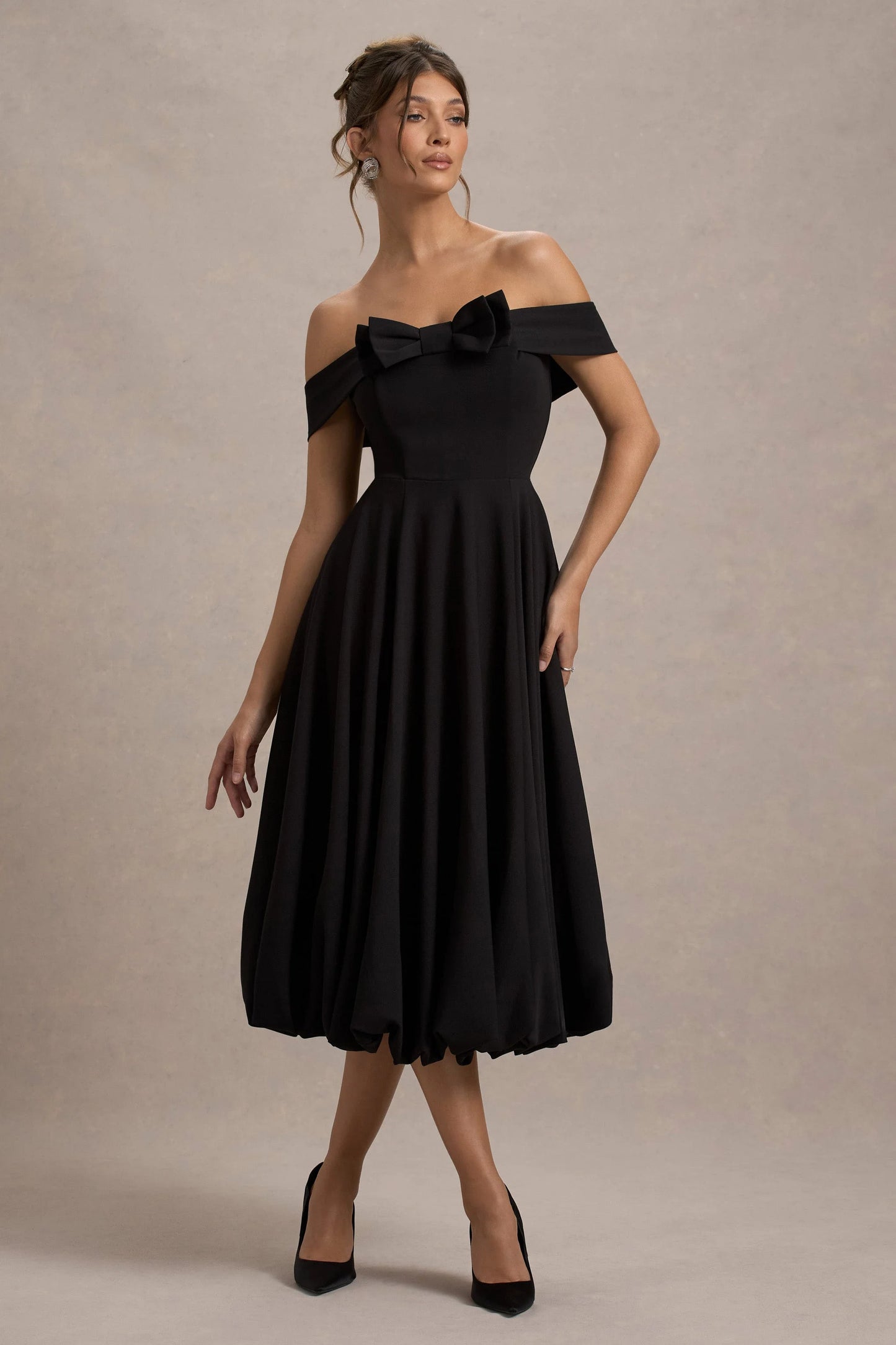 Calliopia | Black Bow Bardot Midi Dress With Puff-Ball Skirt