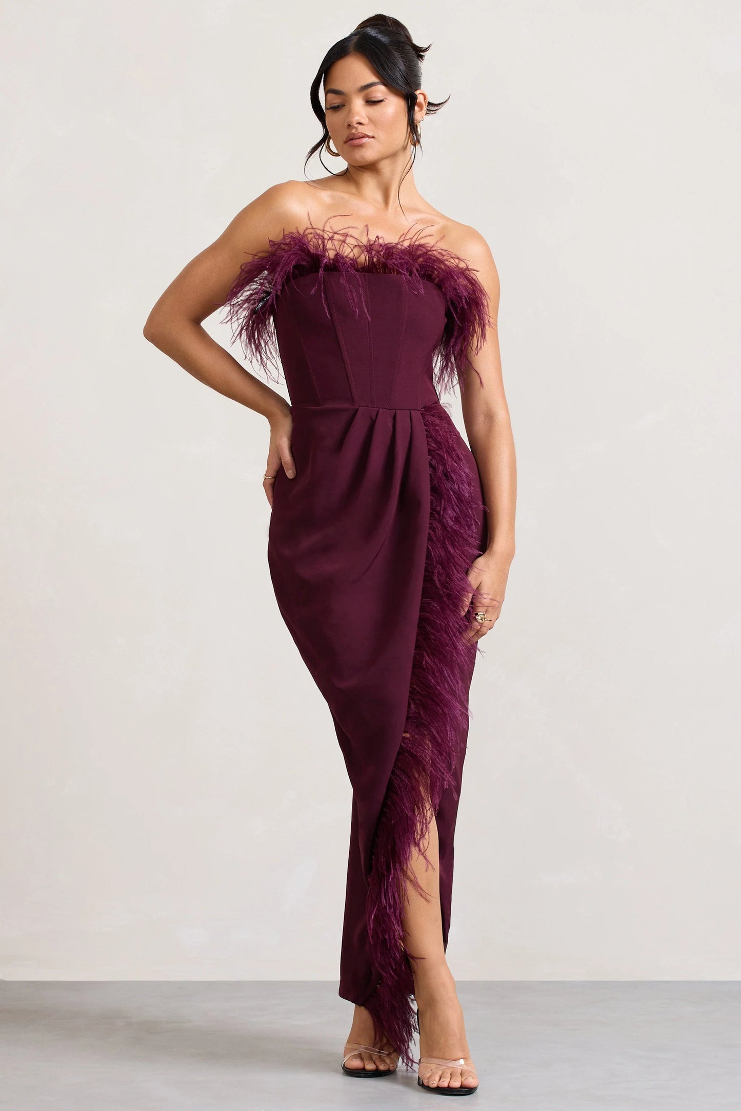 Cosmo | Burgundy Bandeau Feather Corset Split Maxi Dress