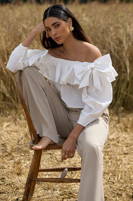 Cove | White Bardot Puff-Sleeve Ruffle Top With Bows