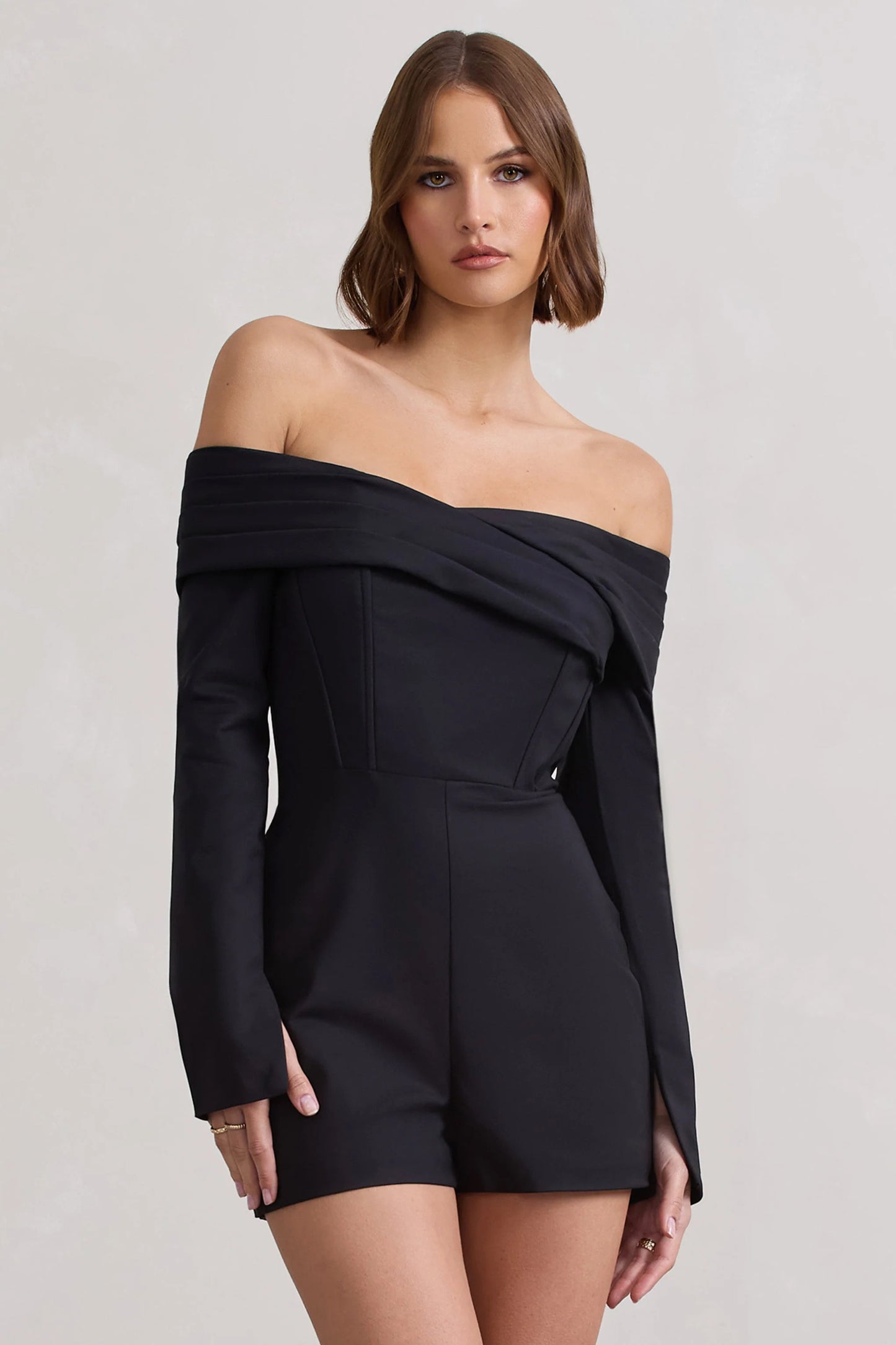 Front Row | Black Long-Sleeved Bardot Corset Playsuit