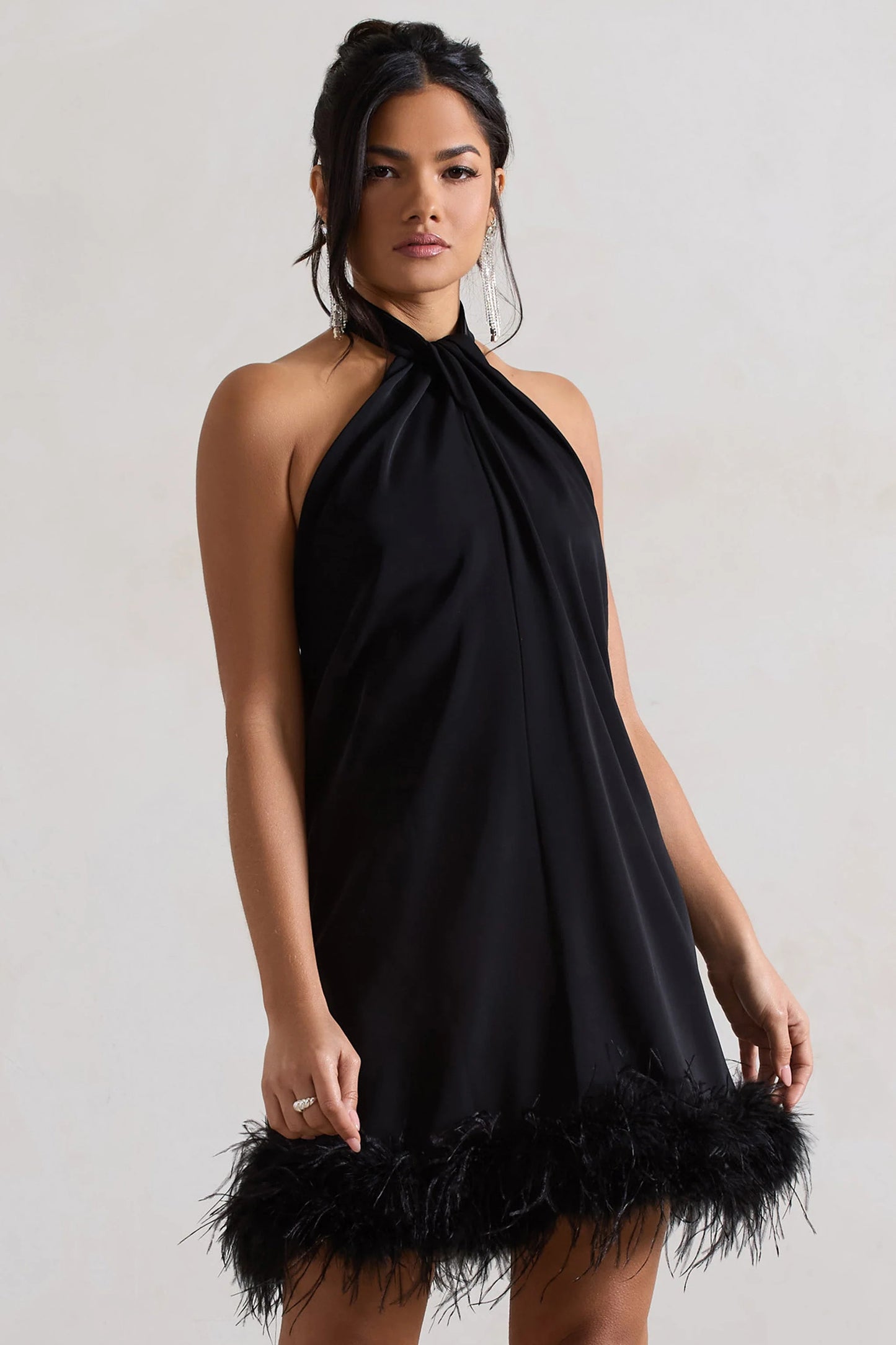 Femme | Black Halter-Neck Smock Mini Dress With Feather Hem