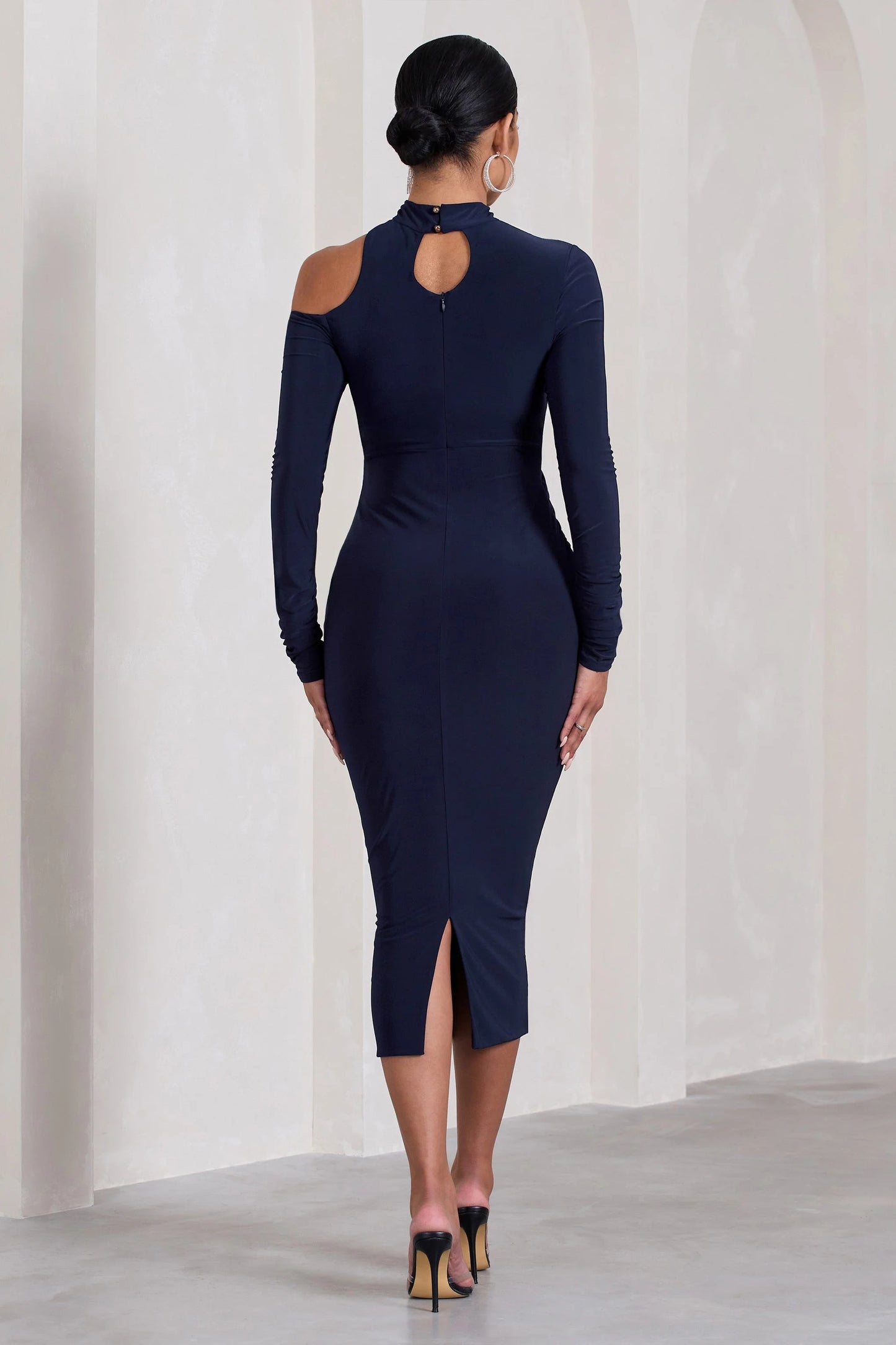 Just Dream | Navy Asymmetric High-Neck Cut-Out Maternity Midi Dress