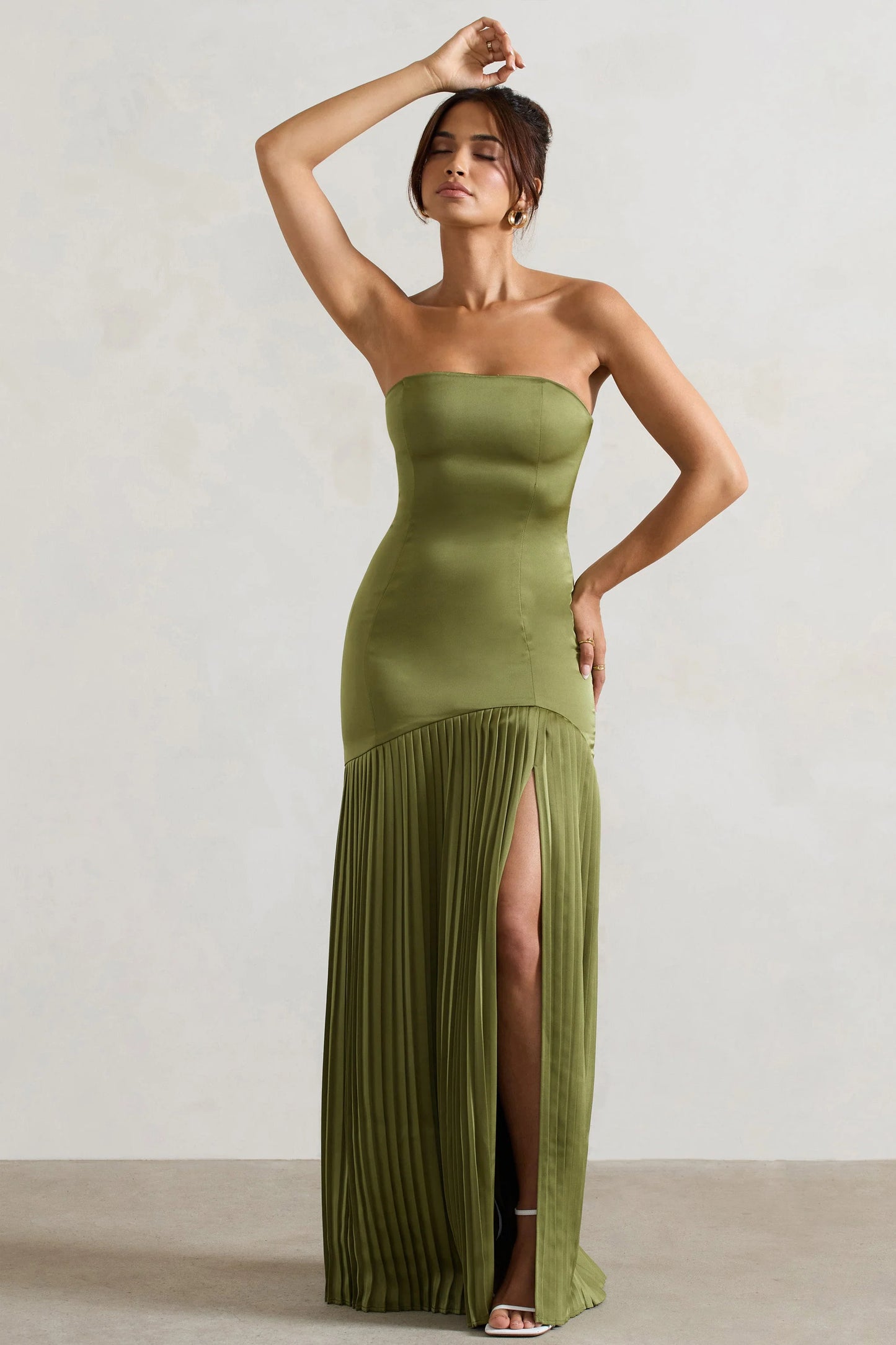 Confidence | Olive Satin Bandeau Pleated Split Maxi Dress