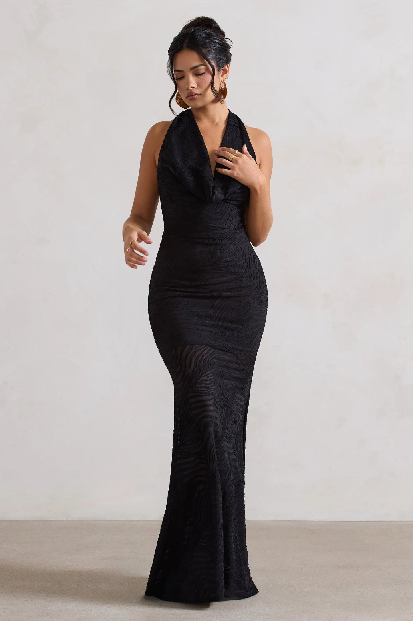 Granada | Black Zebra Print Cowl-Neck Fishtail Maxi Dress