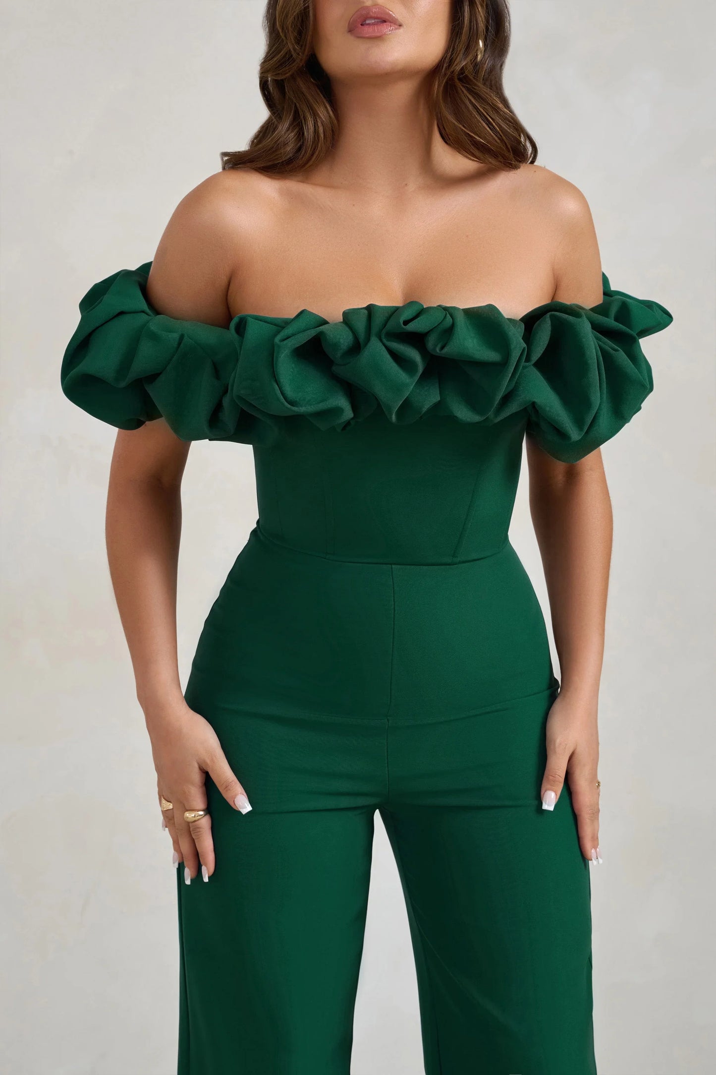 Esmie | Bottle Green Structured Statement Bardot Wide Leg Jumpsuit