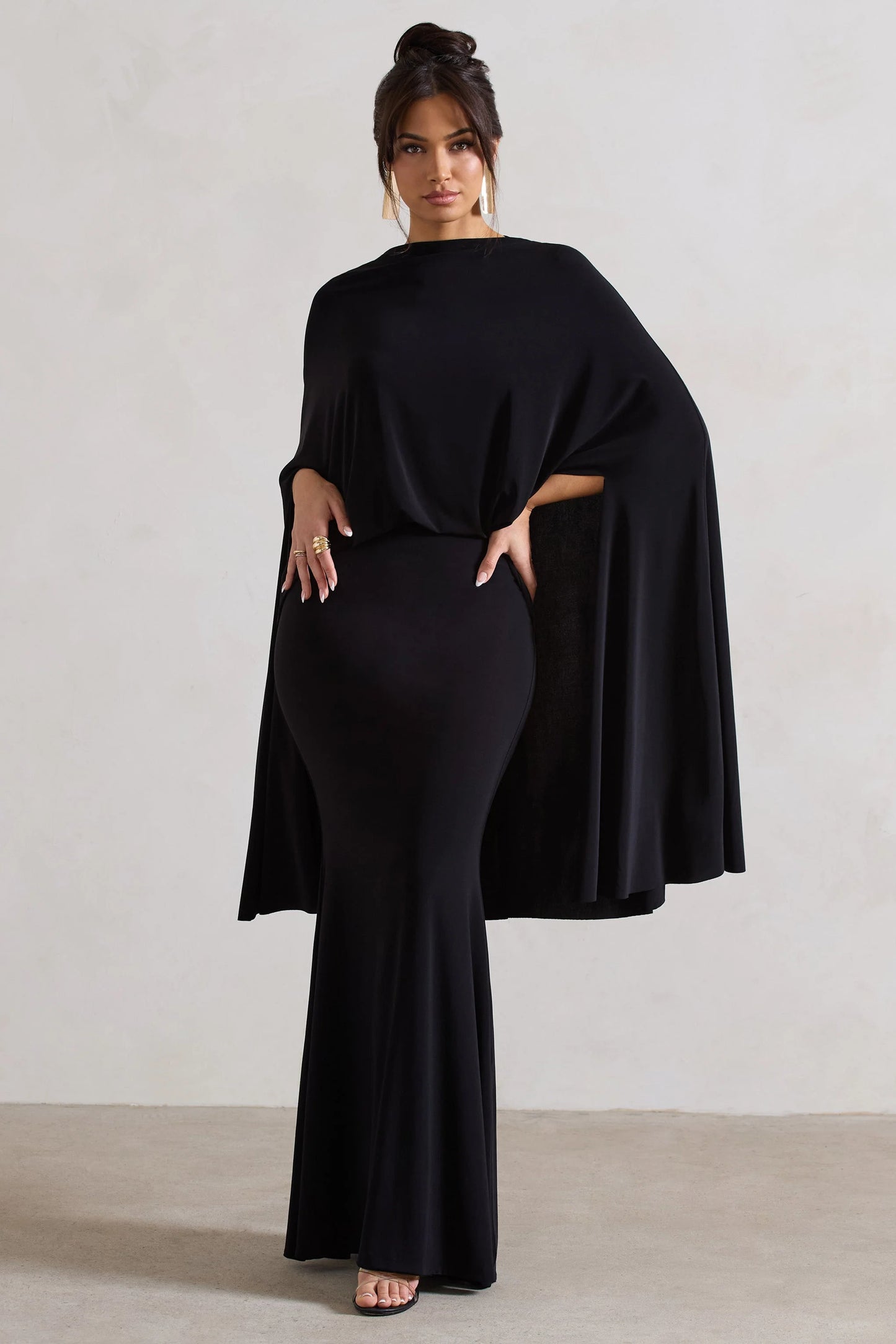 Charmaine | Black High-Neck Maxi Dress With Cape