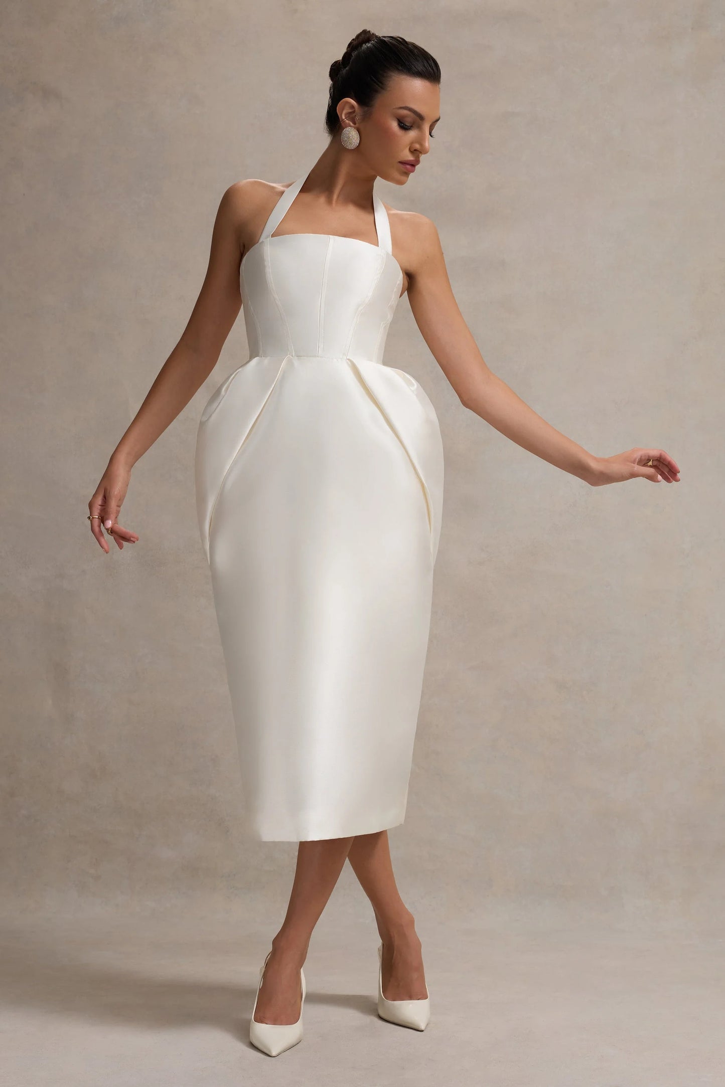 Cosetta | White Halter-Neck Midi Dress With Tulip Skirt