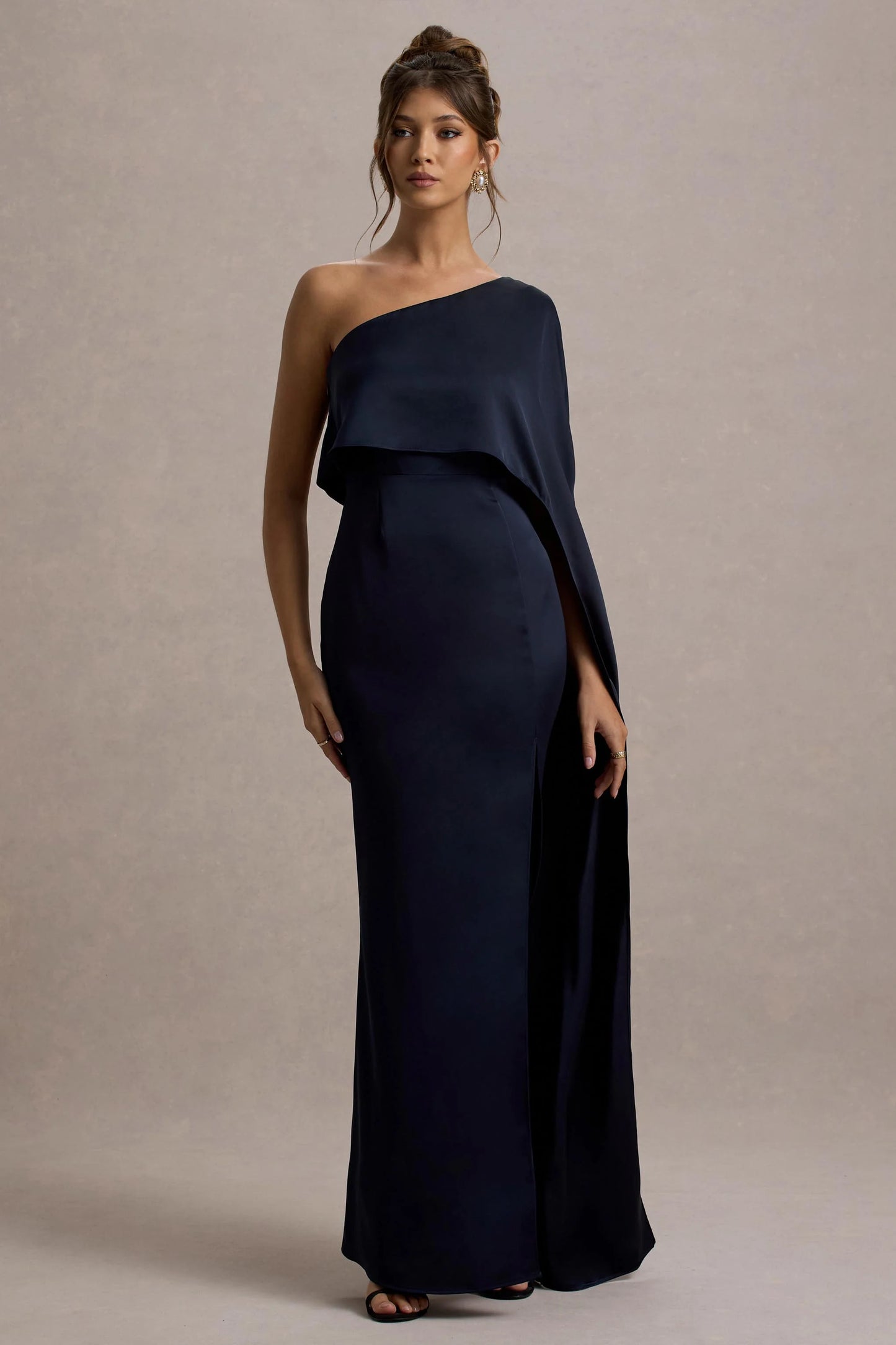 Amora | Navy Satin Asymmetric Cape-Sleeve Split Maxi Dress