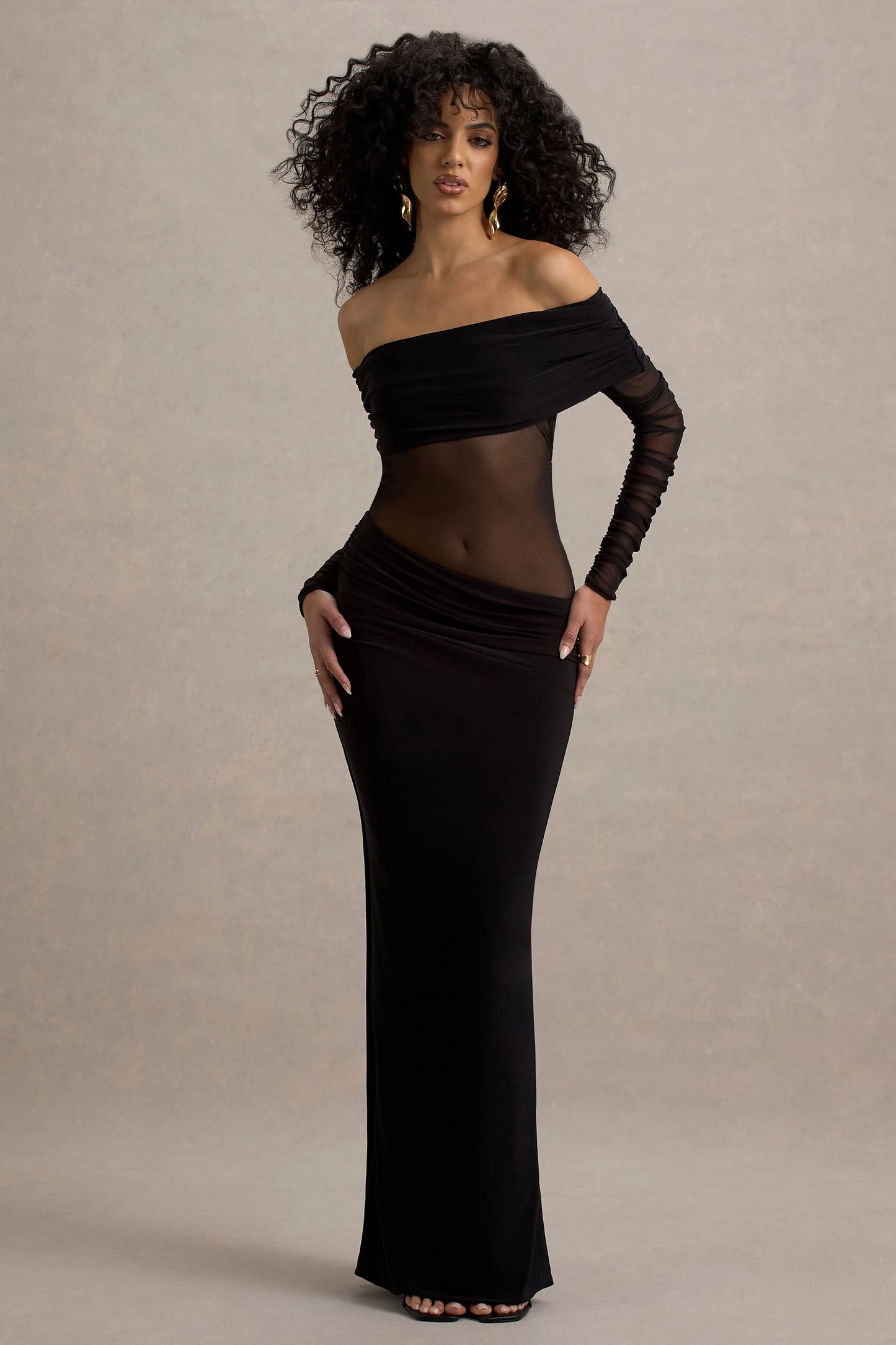 Belamour | Black Semi-Sheer Bardot Gathered Maxi Dress