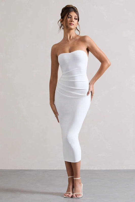 East End | White Strapless Gathered Midi Dress