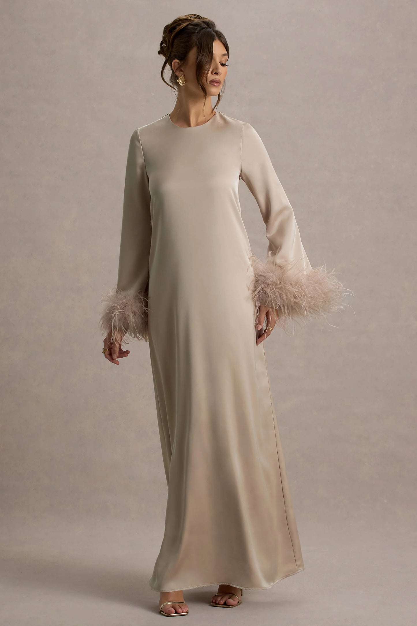 Adella | Champagne Satin Feather-Trim Maxi Dress