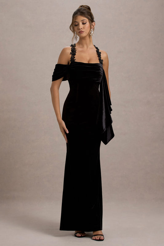 Charlize | Black Velvet Halter-Neck Draped Maxi Dress