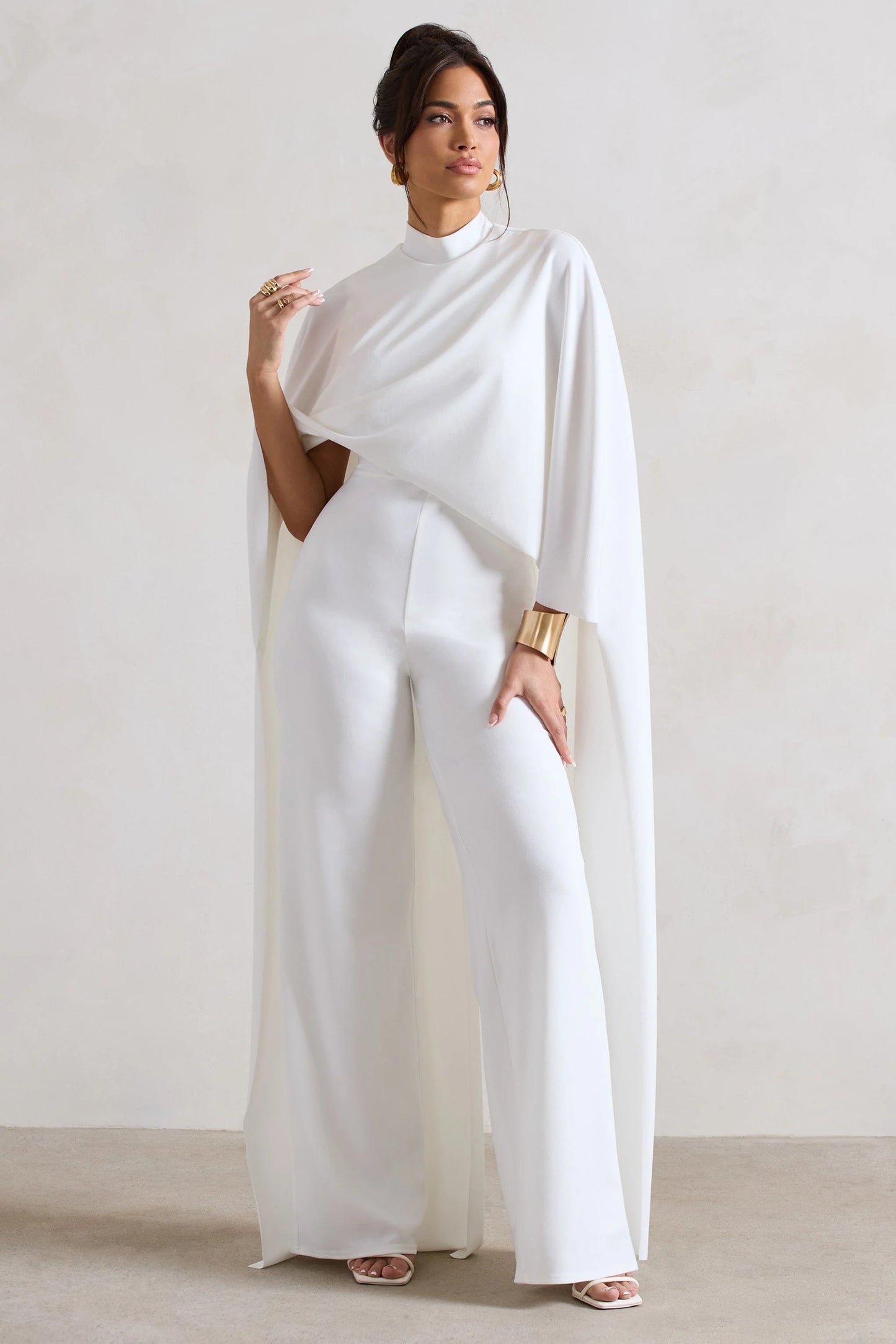 Indra | White High-Neck Wide-Leg Cape Jumpsuit