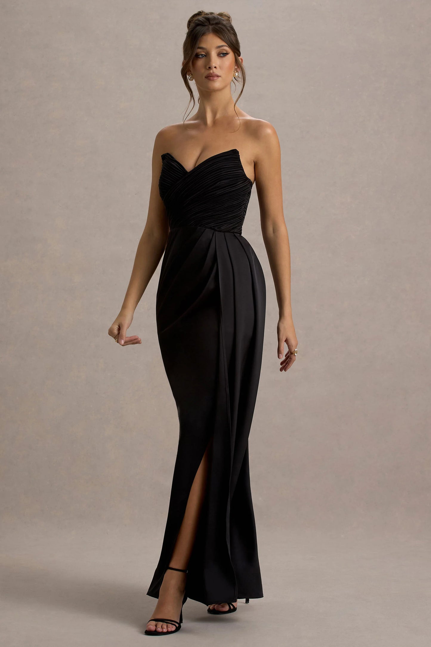 Edel | Black Satin Strapless Maxi Dress With Drape