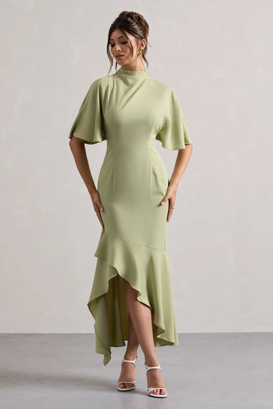 Lavinia | Sage High-Neck Flutter-Sleeve Asymmetric Maxi Dress