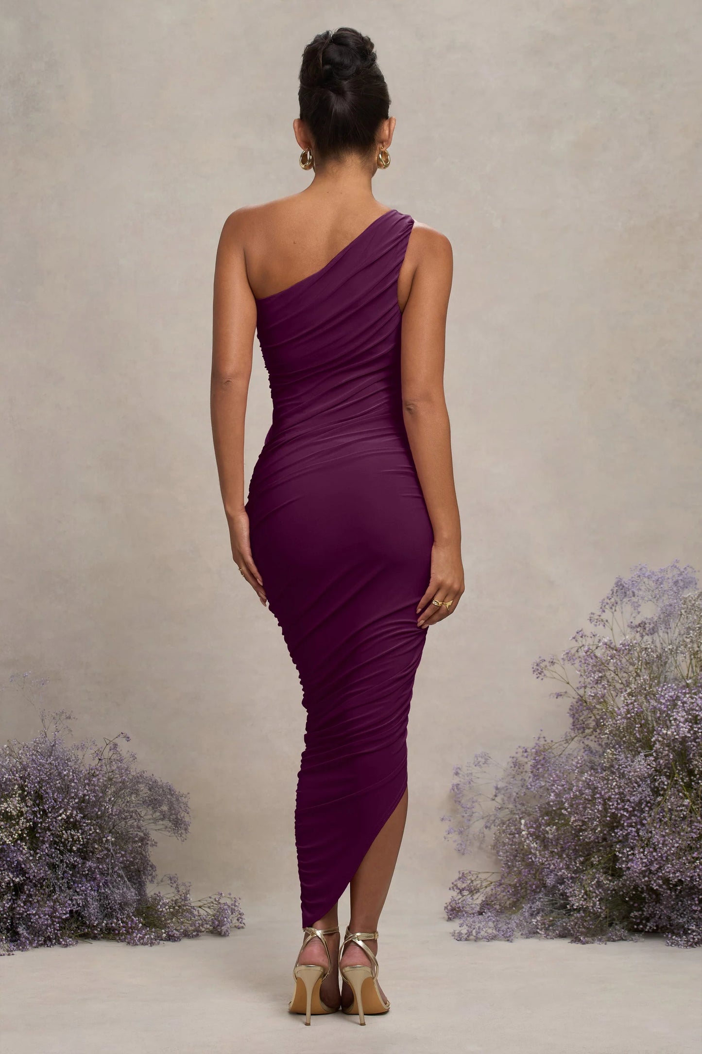 Late Night | Plum Maternity Ruched One Shoulder Midi Dress