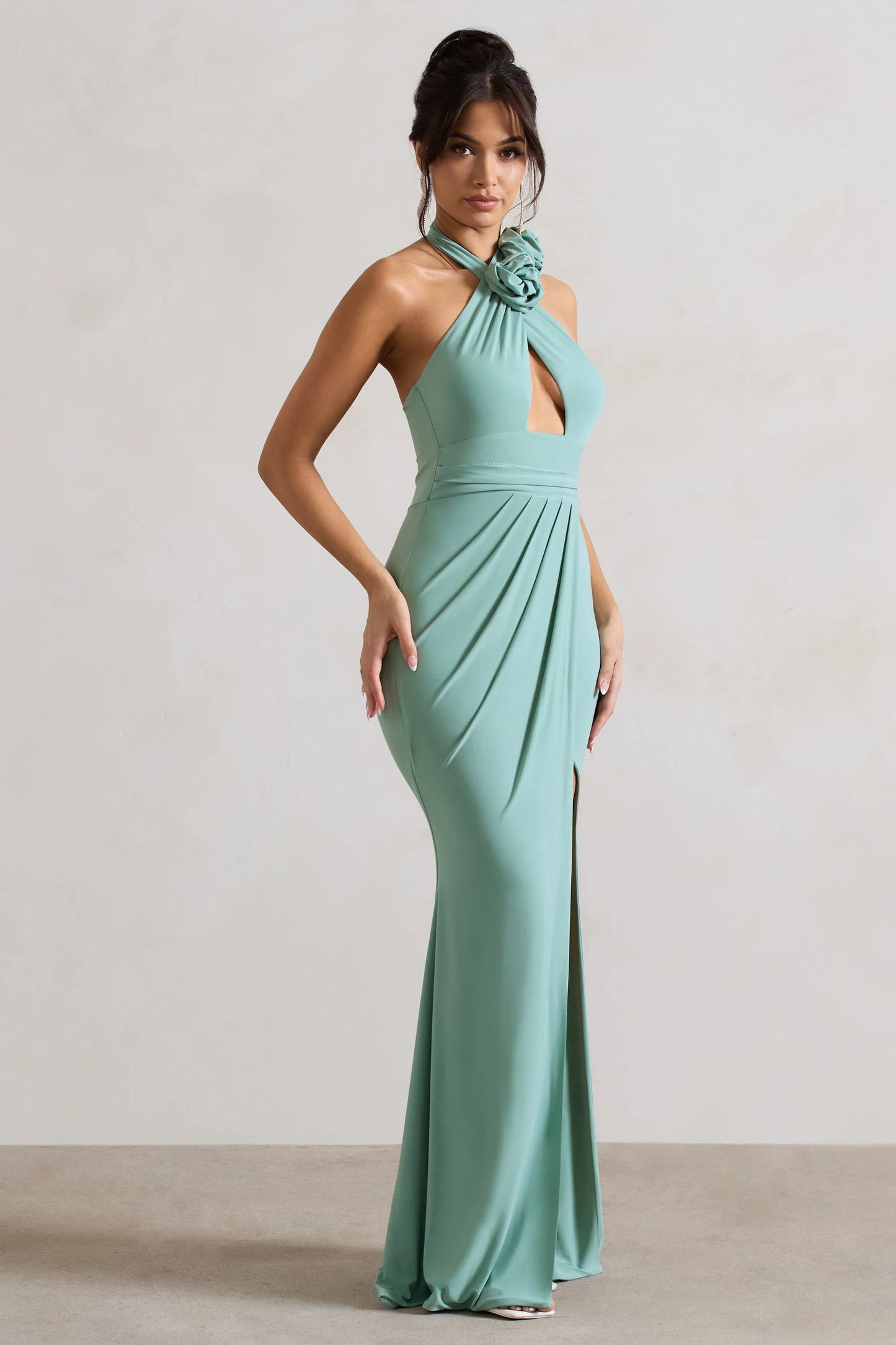 Kira | Sage Halter-Neck Cut-Out Split Maxi Dress With Flowers