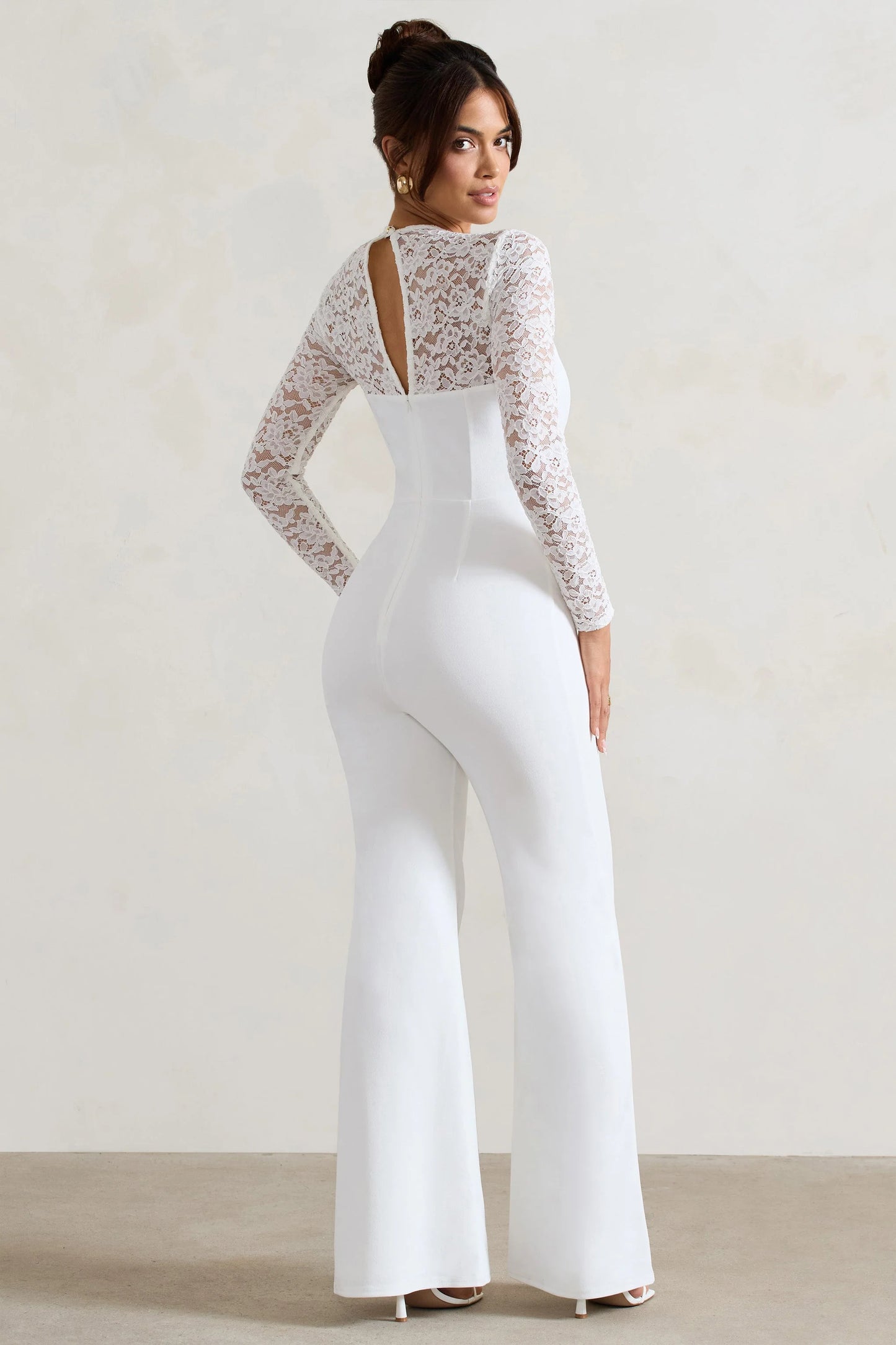 Amari | White Lace Long-Sleeve Flared-Leg Jumpsuit