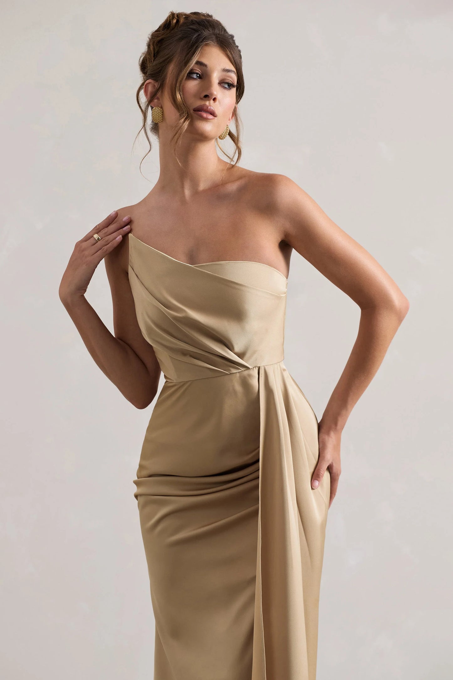 Hollywood | Champagne Satin Strapless Draped Maxi Dress