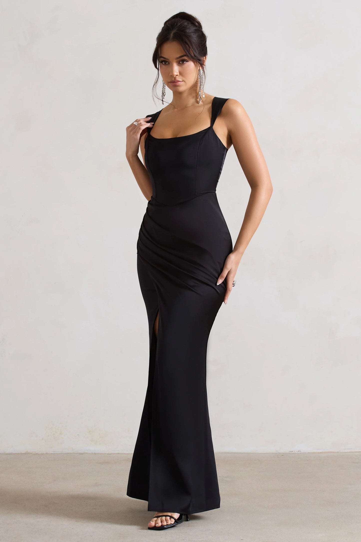 A Romantic | Black Satin Corset Wrap Maxi Dress