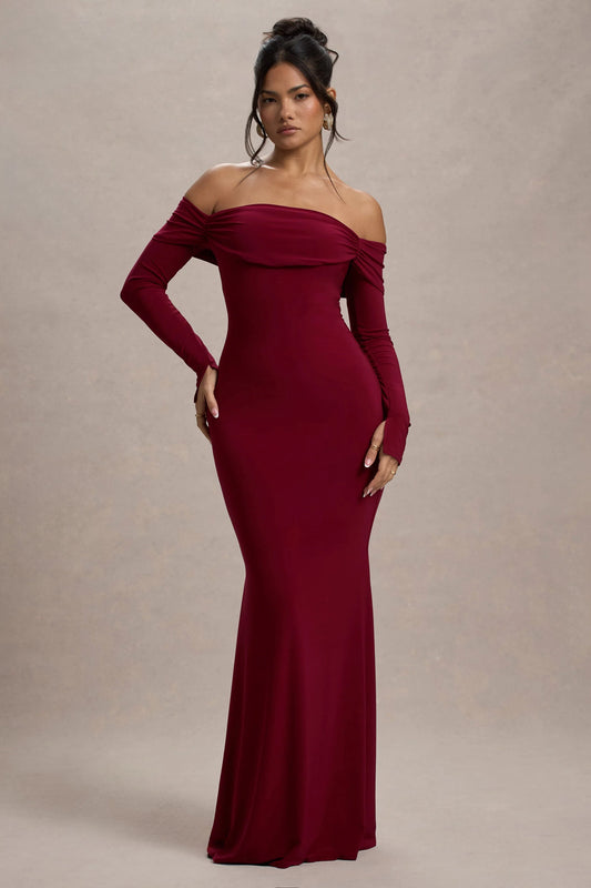 Amaia | Berry Bardot Long-Sleeve Maxi Dress