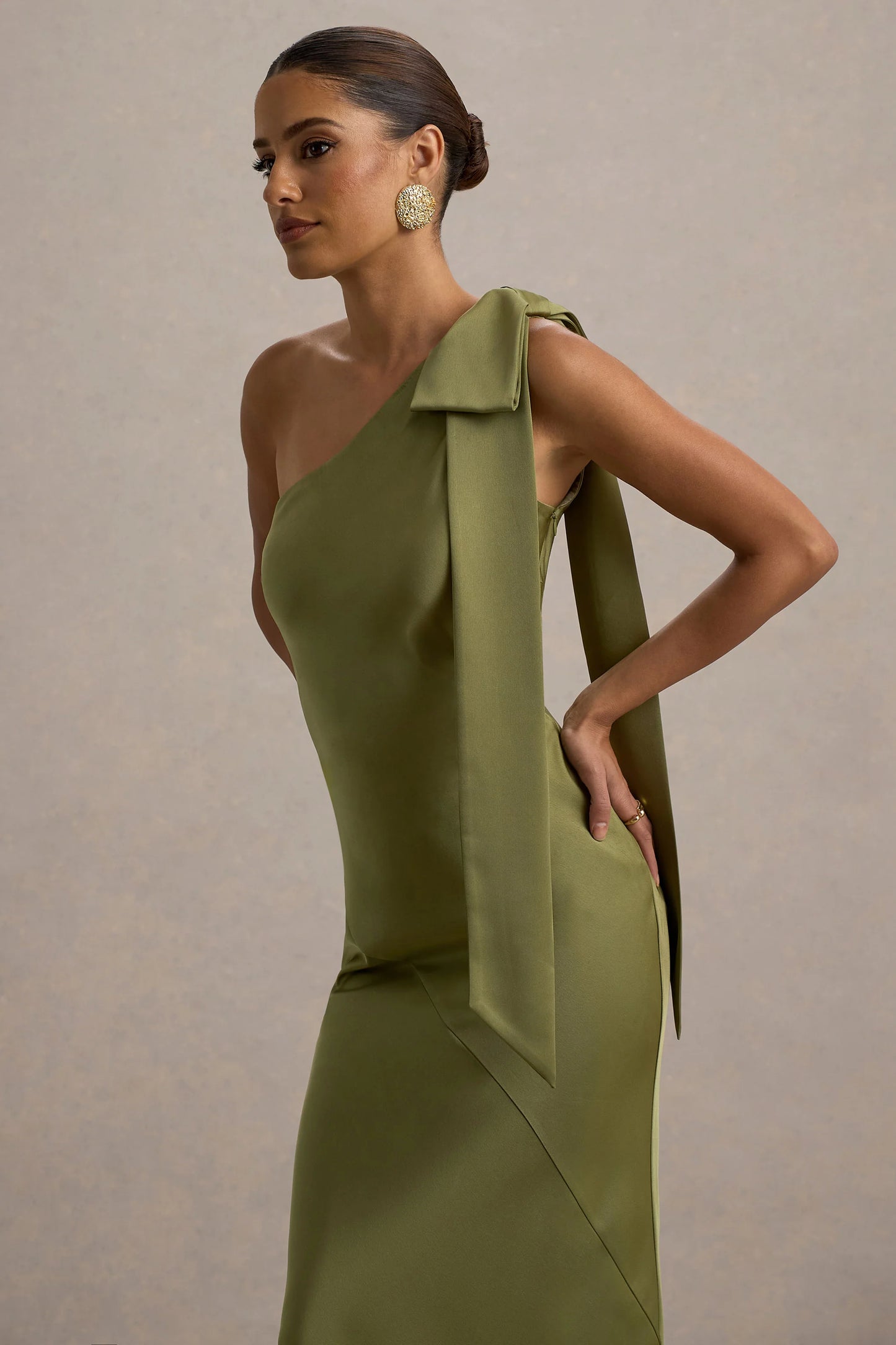 Here For Love | Khaki Satin Asymmetric Maxi Dress With Bow